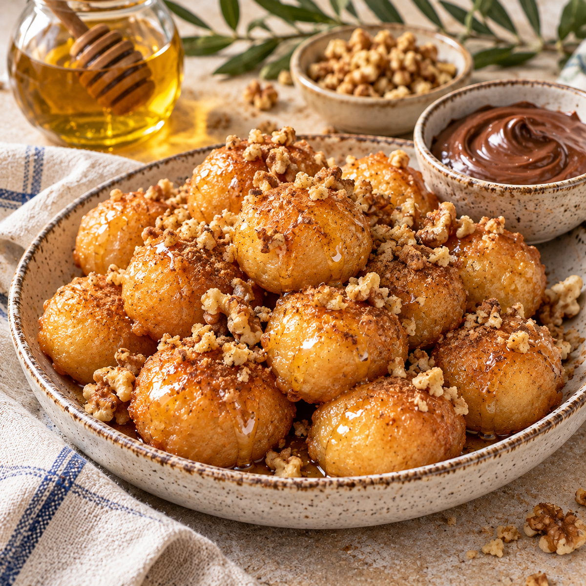 Loukoumades – Greek Honey Doughnuts with Honey or Nutella