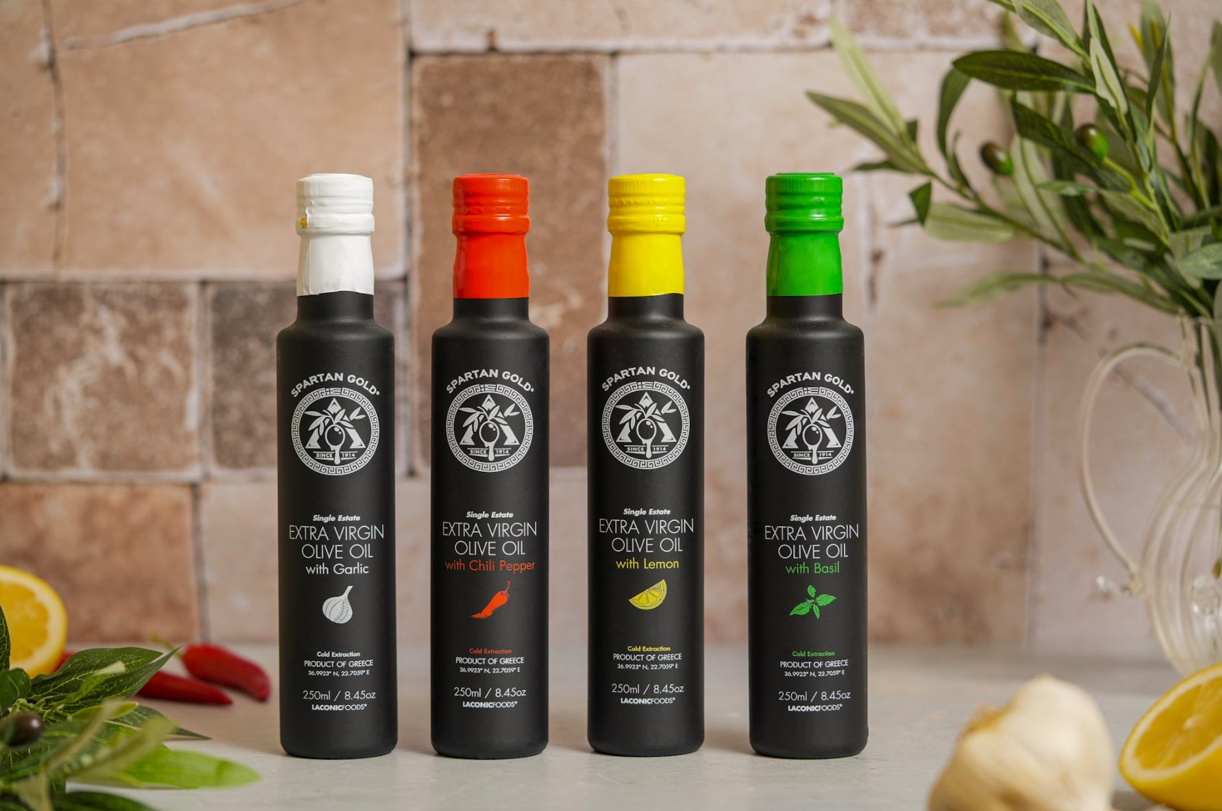 Laconic Foods — Infused Greek Extra Virgin Olive Oils with Garlic, Chili, Lemon, and Basil