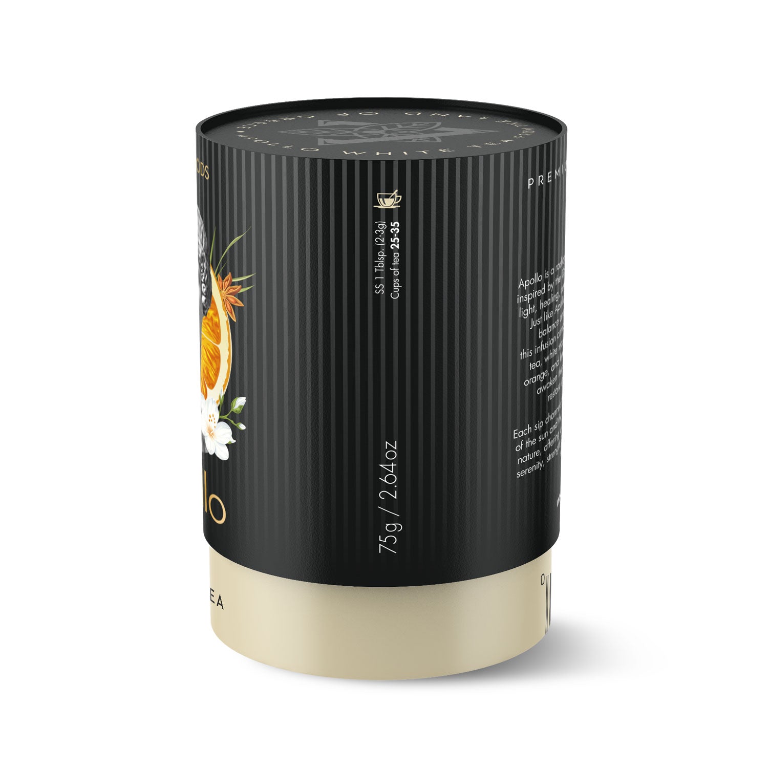 Apollo White Tea canister side view – Laconic Foods Greek loose leaf tea (75g)