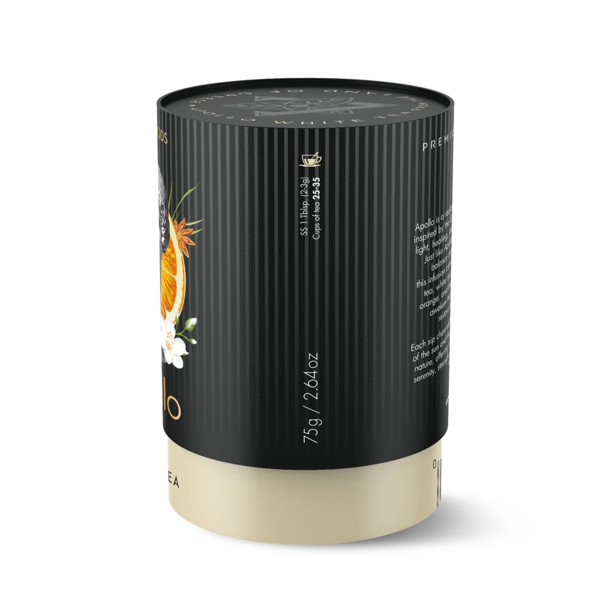Apollo White Tea canister side view – Laconic Foods Greek loose leaf tea (75g)