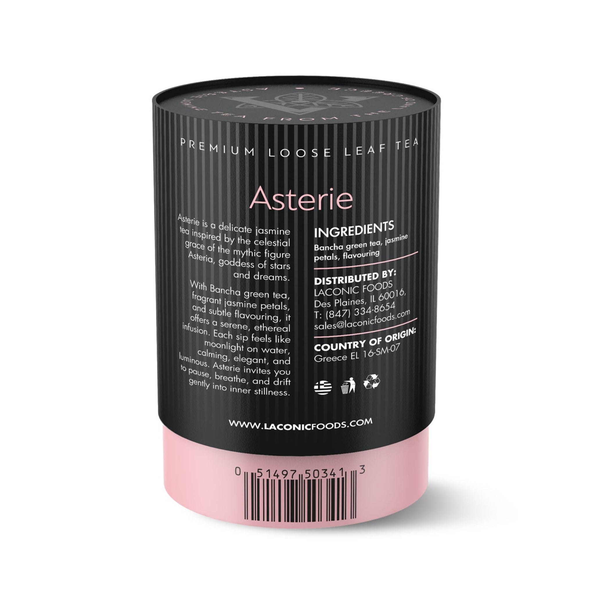 Asterie Jasmine Tea ingredients and label – Bancha green tea, jasmine petals, flavoring – Laconic Foods 75g