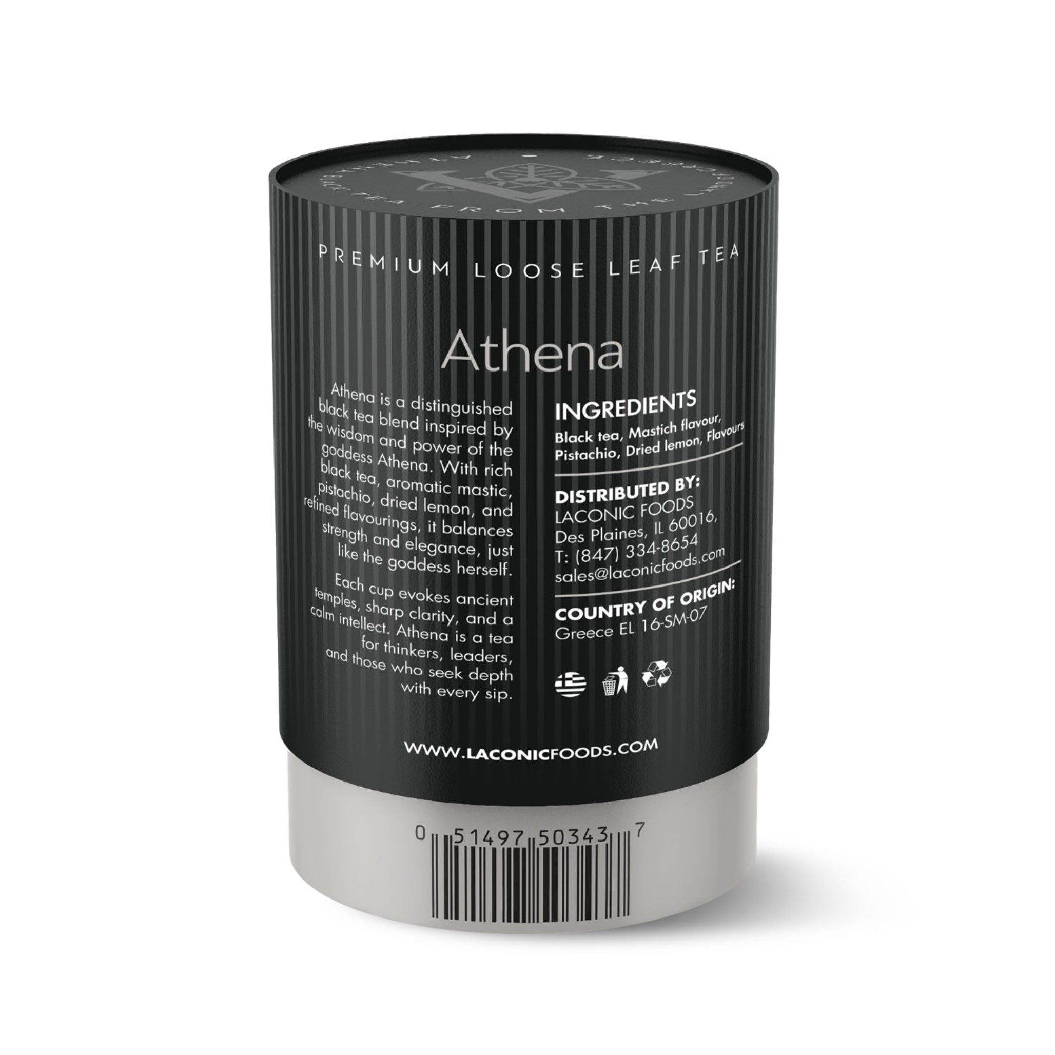 Athena Black Tea ingredients and label – Black tea, mastic, pistachio, dried lemon – Laconic Foods 75g