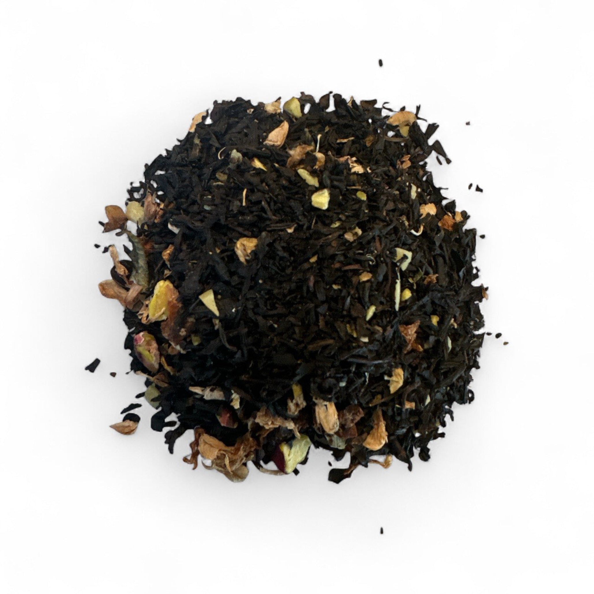 Close-up of Athena Greek Black Tea loose leaf blend – bold black tea with pistachio, mastic, and lemon