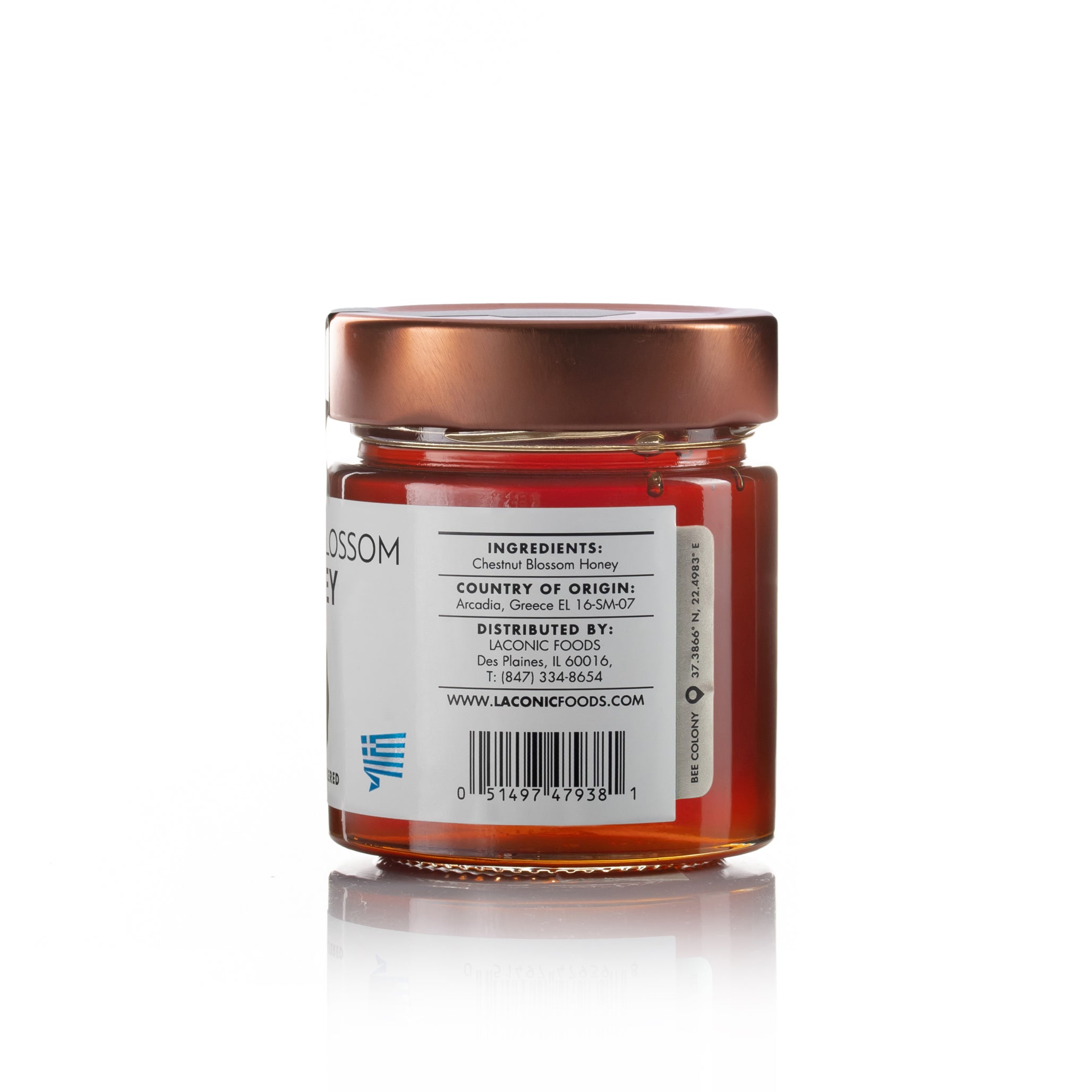 Back view of Laconic Foods Chestnut Blossom Honey jar showing ingredients, origin from Arcadia Greece, and distributor information.
