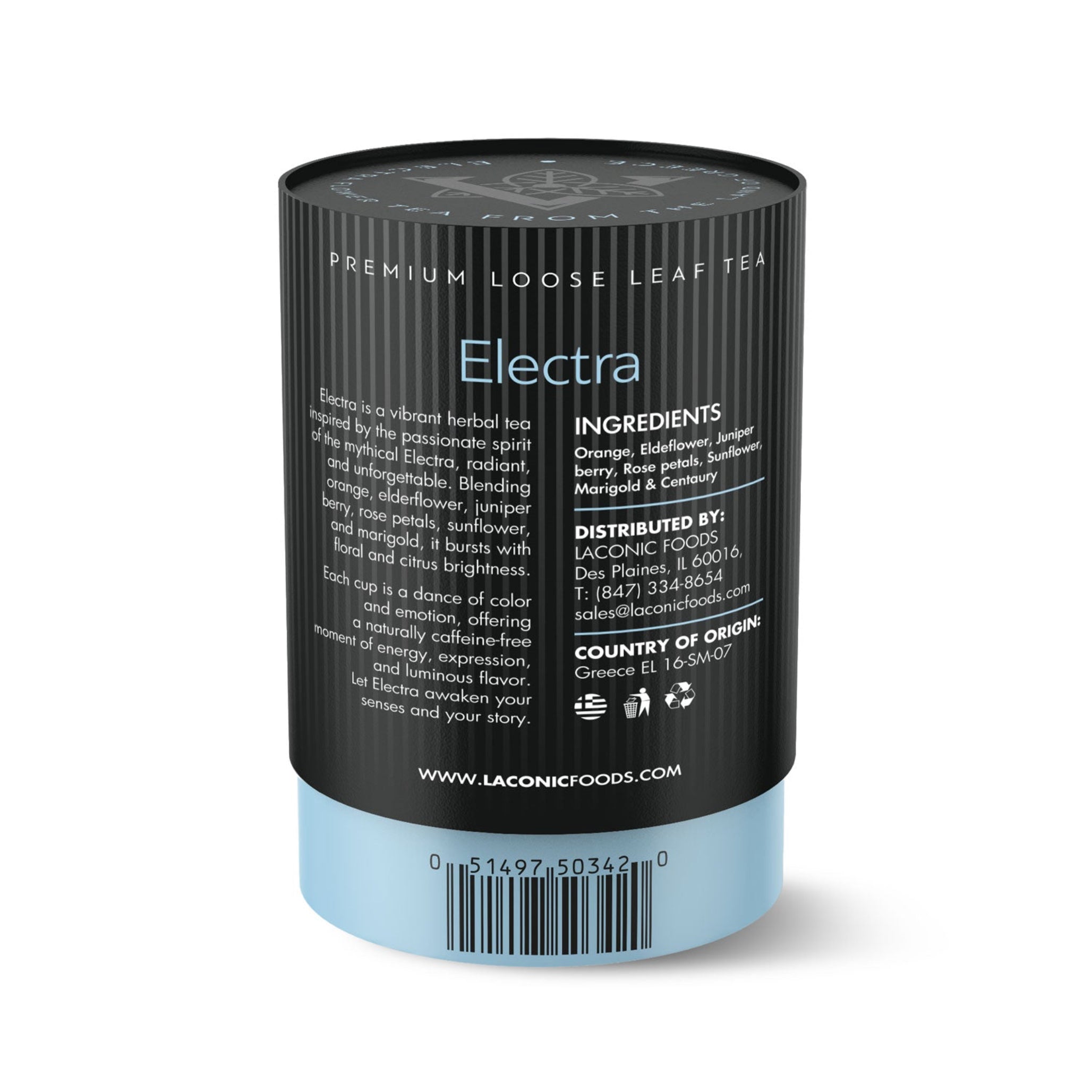 Electra Flower Tea ingredients and label β Orange, elderflower, juniper berry, rose petals, sunflower, marigold, centaury β Laconic Foods 75g