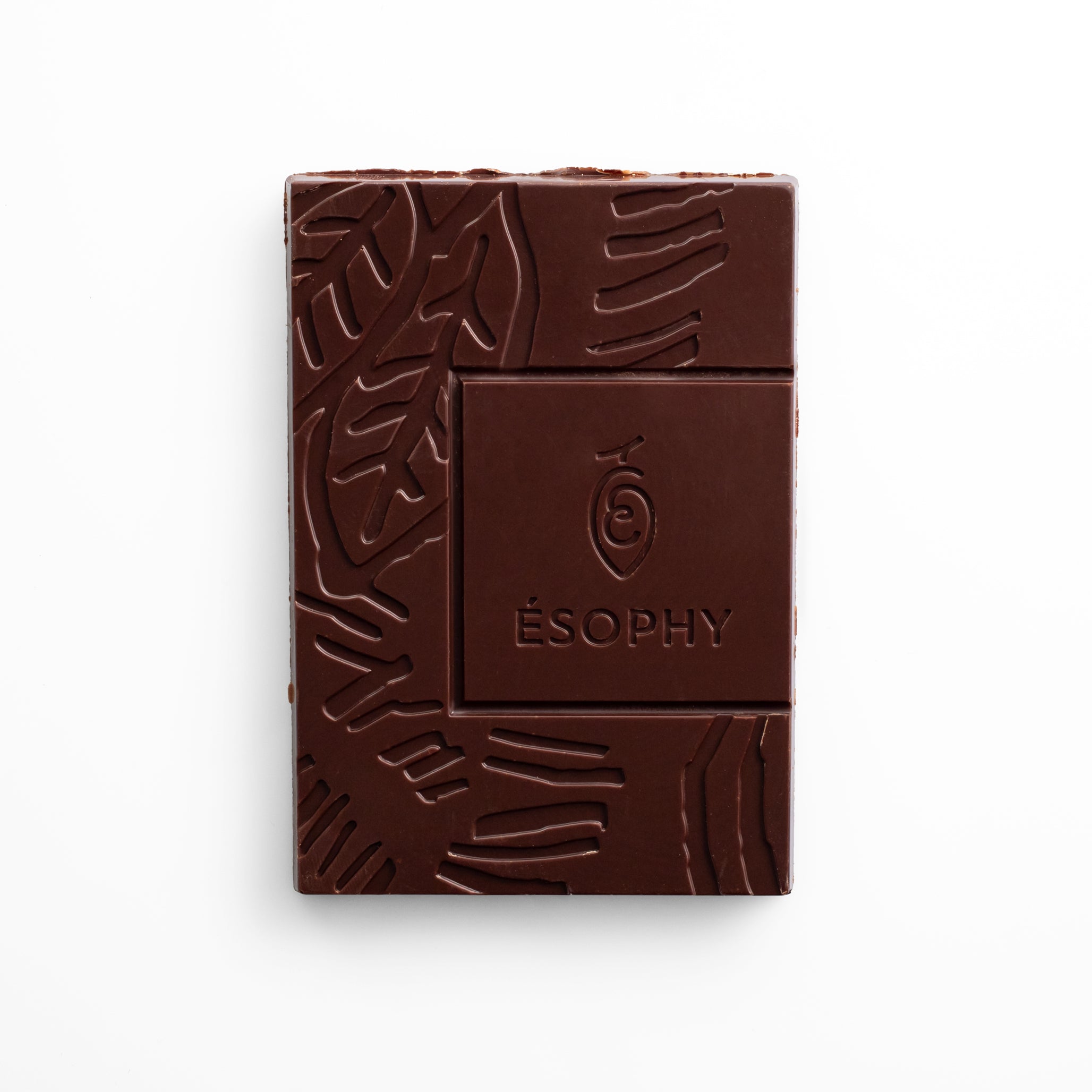 Unwrapped ÉSOPHY crispy dark chocolate bar with embossed design and Greek sea salt flakes