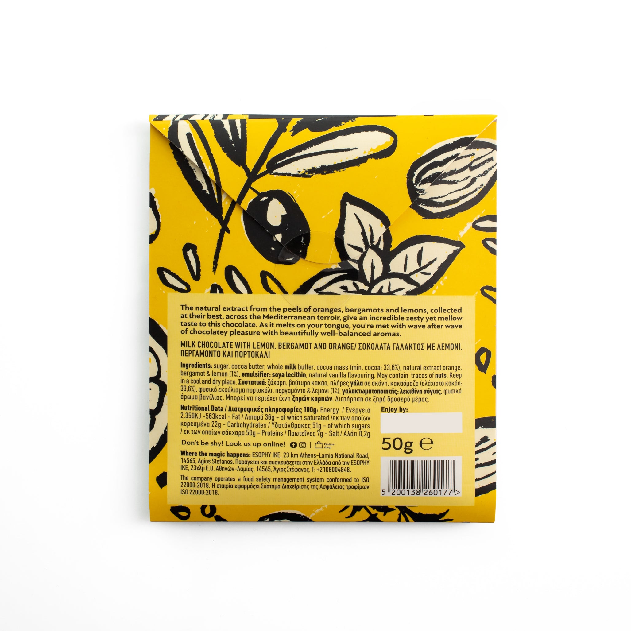 Back label of ÉSOPHY Lemon Bergamot and Orange milk chocolate bar showing ingredients and nutrition facts