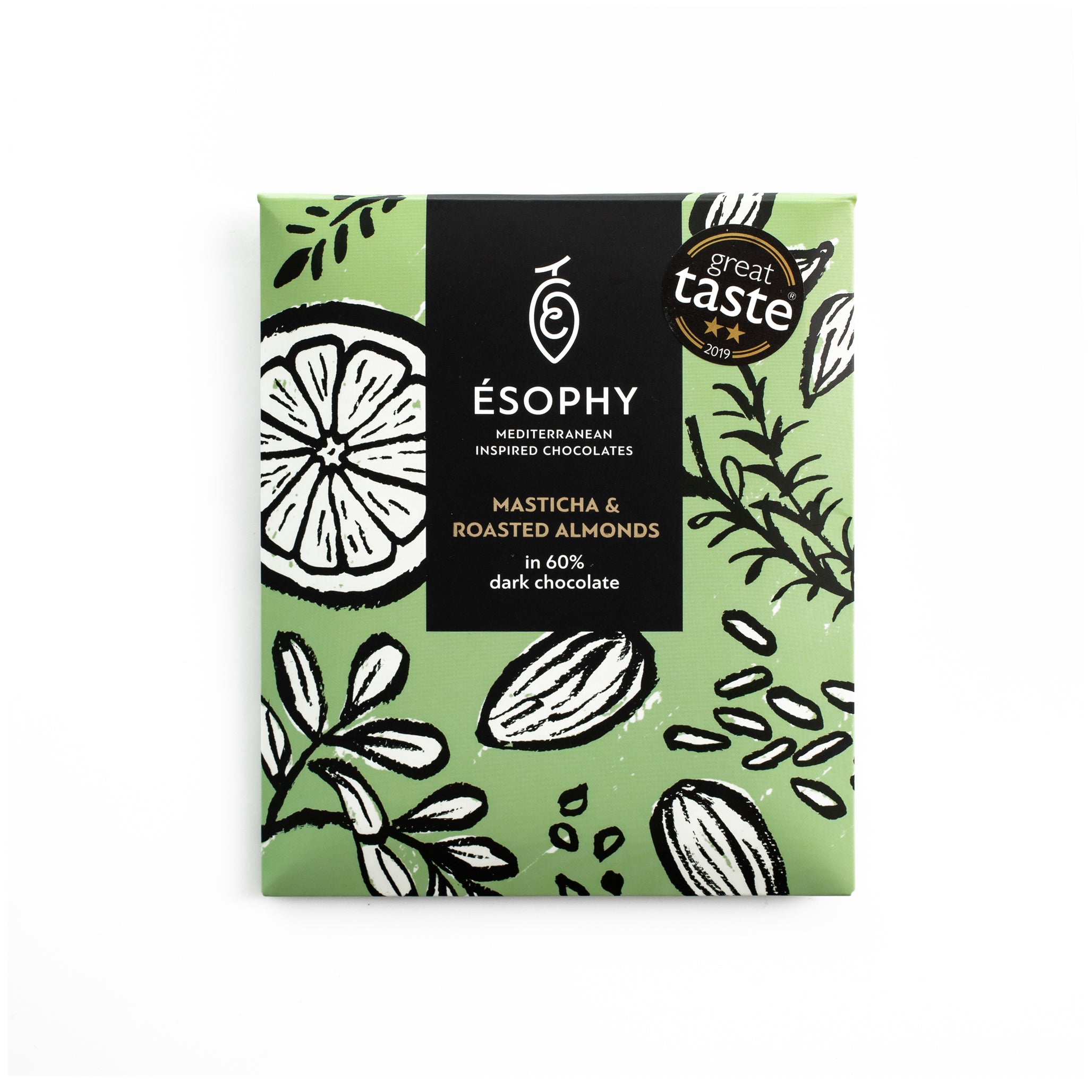 ÉSOPHY Masticha and Roasted Almonds 60% dark chocolate bar handmade in Greece