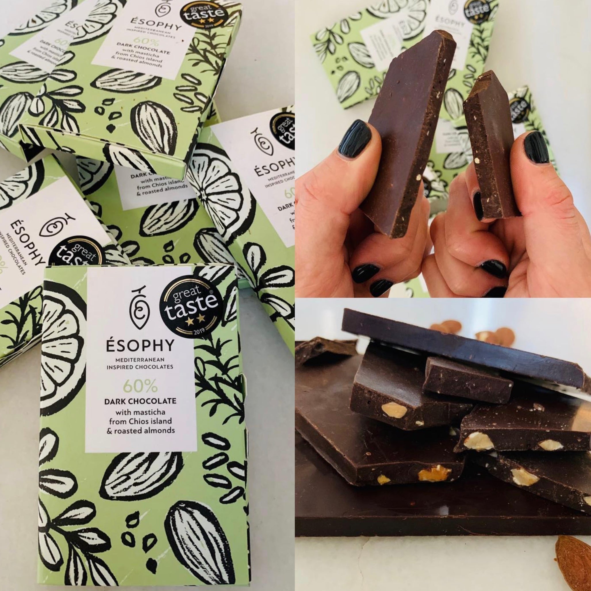ÉSOPHY Masticha and Roasted Almonds dark chocolate bar with packaging and chocolate pieces