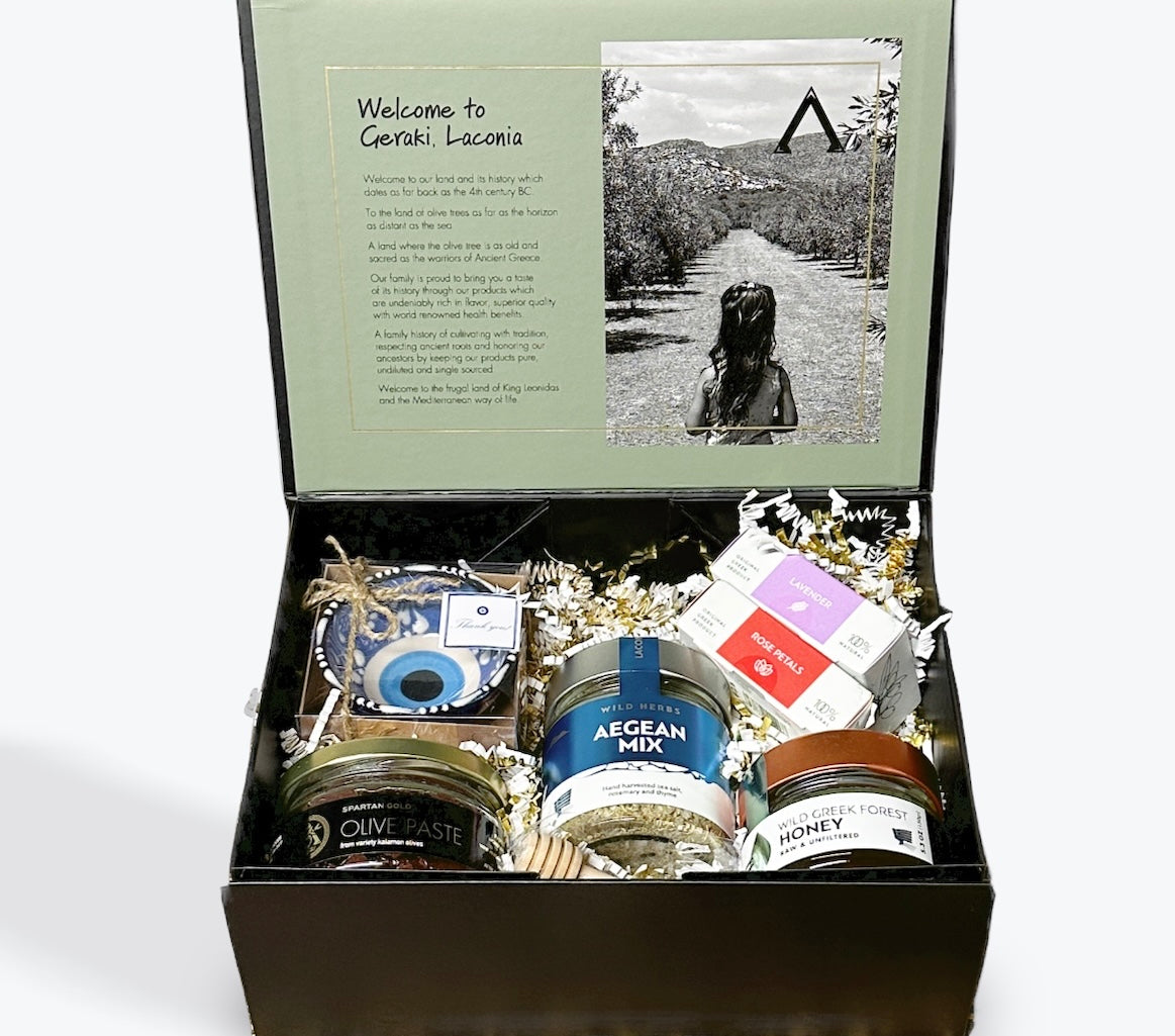 Premium Greek gift box with wild thyme honey, olive paste, sea salt herb blend, handmade olive oil soaps, and ceramic dipping dish
