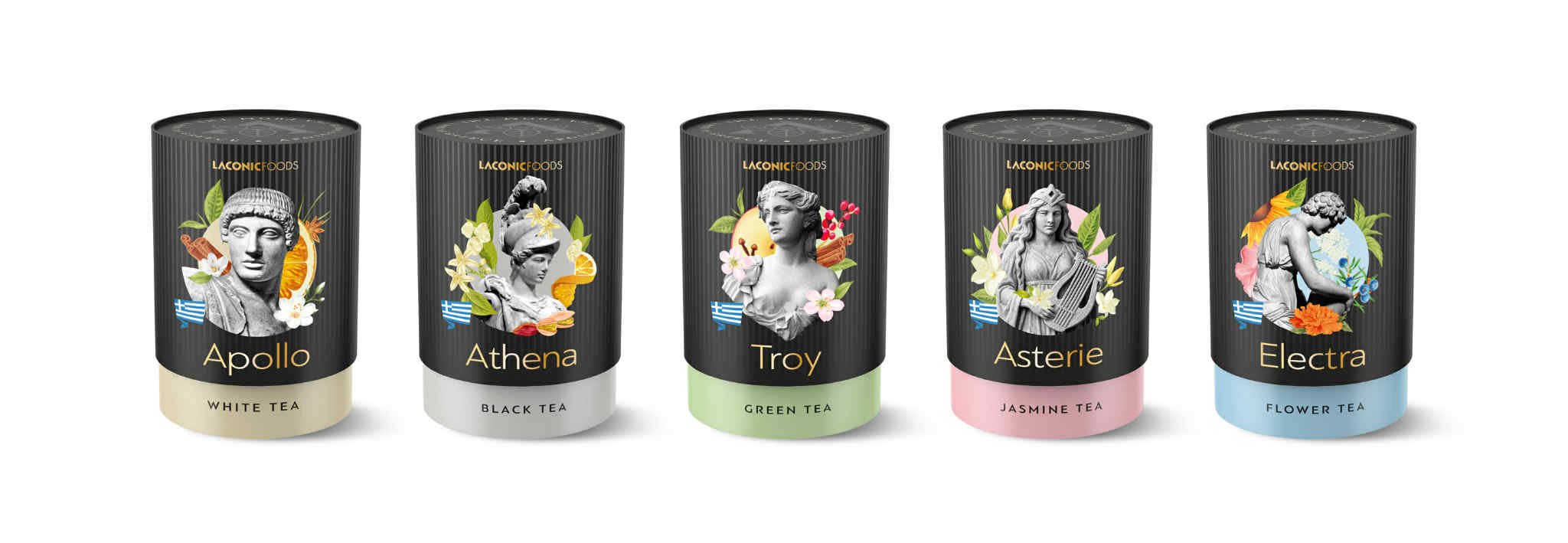 Laconic Foods Greek Tea Collection – Apollo White Tea, Athena Black Tea, Troy Green Tea, Asterie Jasmine Tea, Electra Flower Tea (75g canisters)