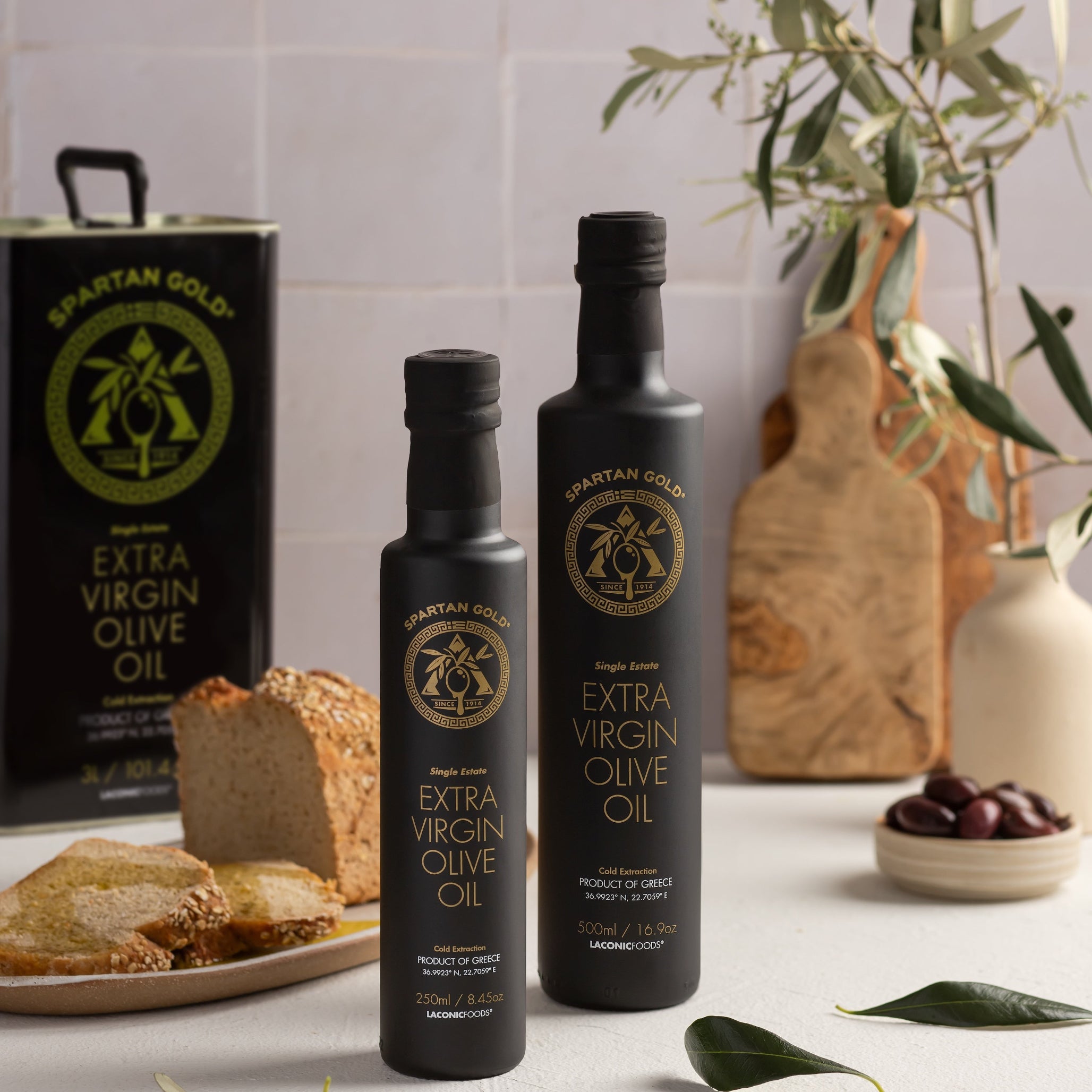 Laconic Foods Koroneiki EVOO 250ml and 500ml bottles with tin packaging