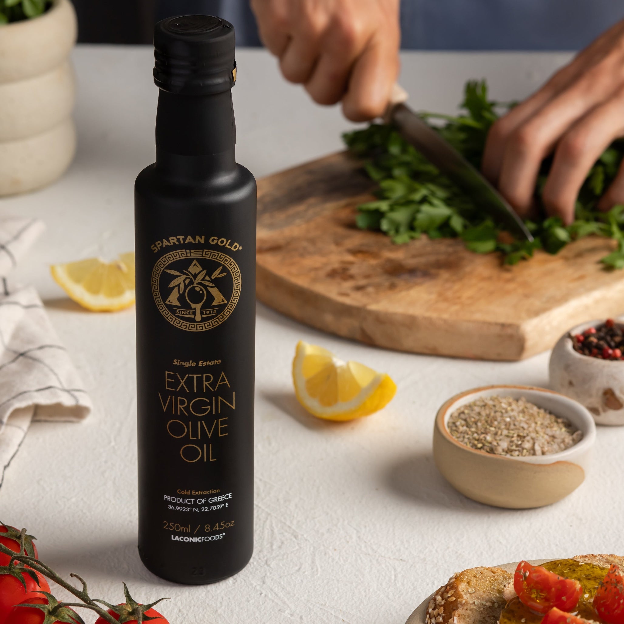 Laconic Foods olive oil during food prep with fresh ingredients