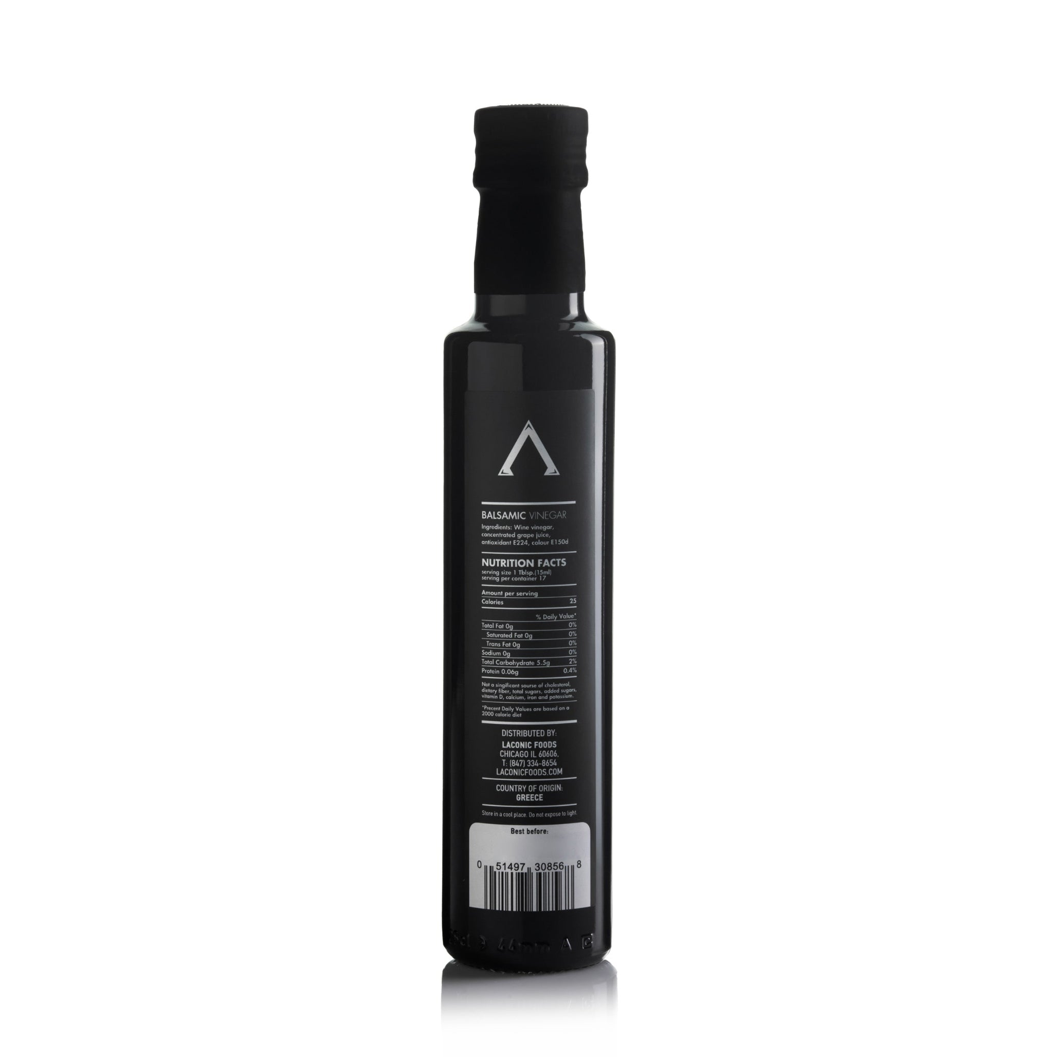 Back view of Laconic Foods Greek balsamic vinegar bottle, showing nutrition facts, ingredients, and barcode.