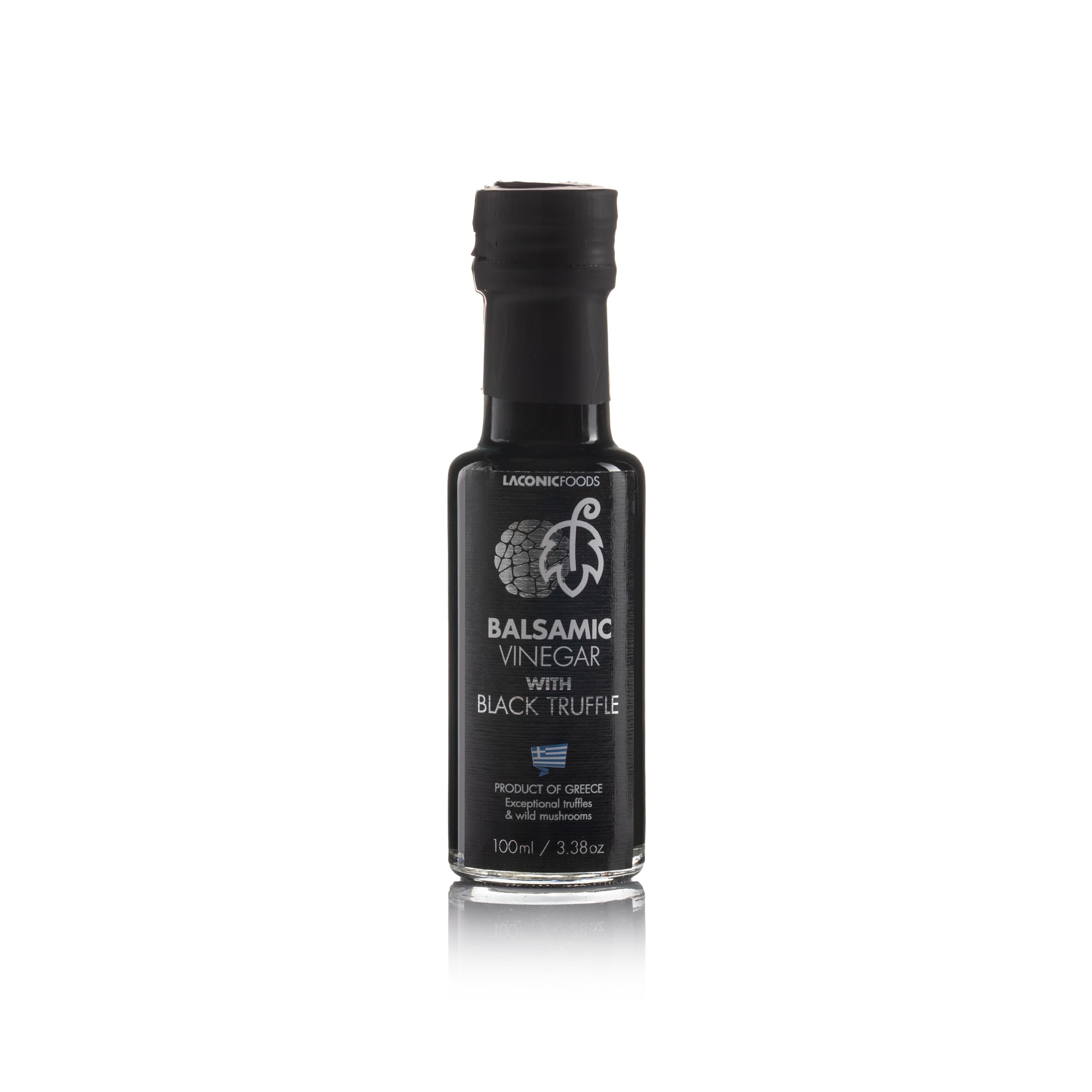 Front view of Laconic Foods Balsamic Vinegar with Black Truffle 100ml bottle β premium Greek vinegar infused with black truffle, showing elegant label and reflection.