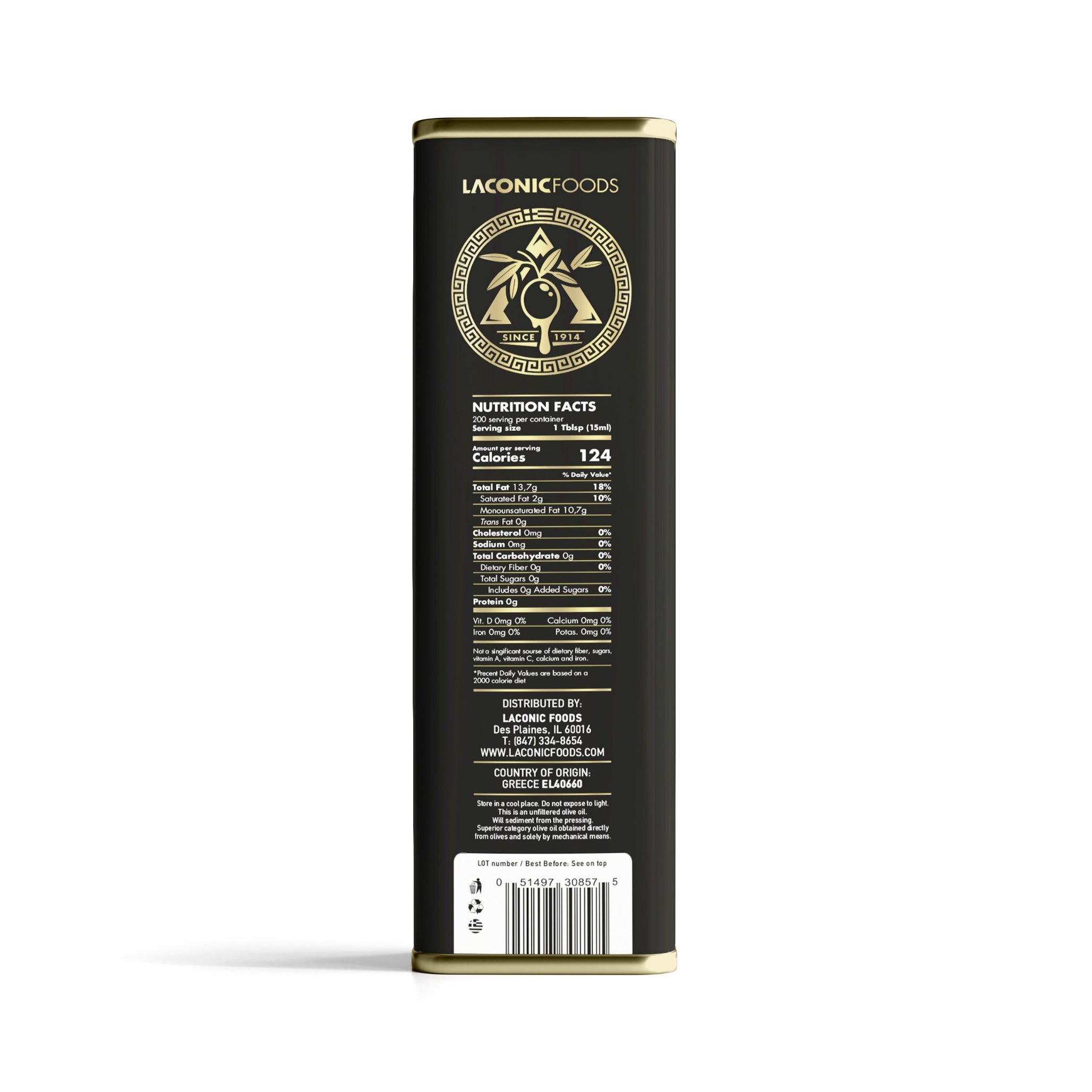 Laconic Foods extra virgin olive oil 3L tin — side label with ingredients and nutrition facts.