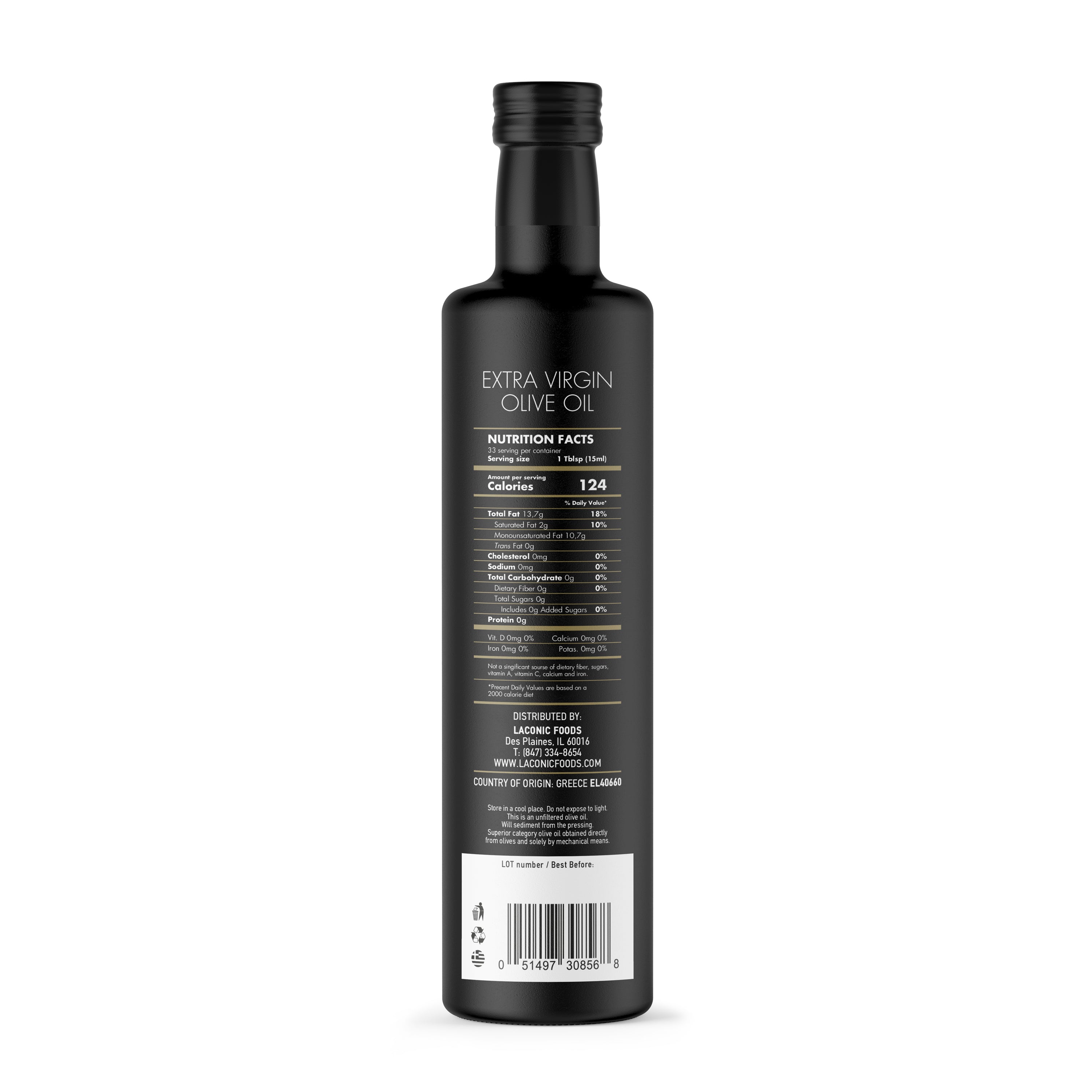 500ml Greek Extra Virgin Olive Oil – Laconic Foods bottle back with nutrition label and origin information