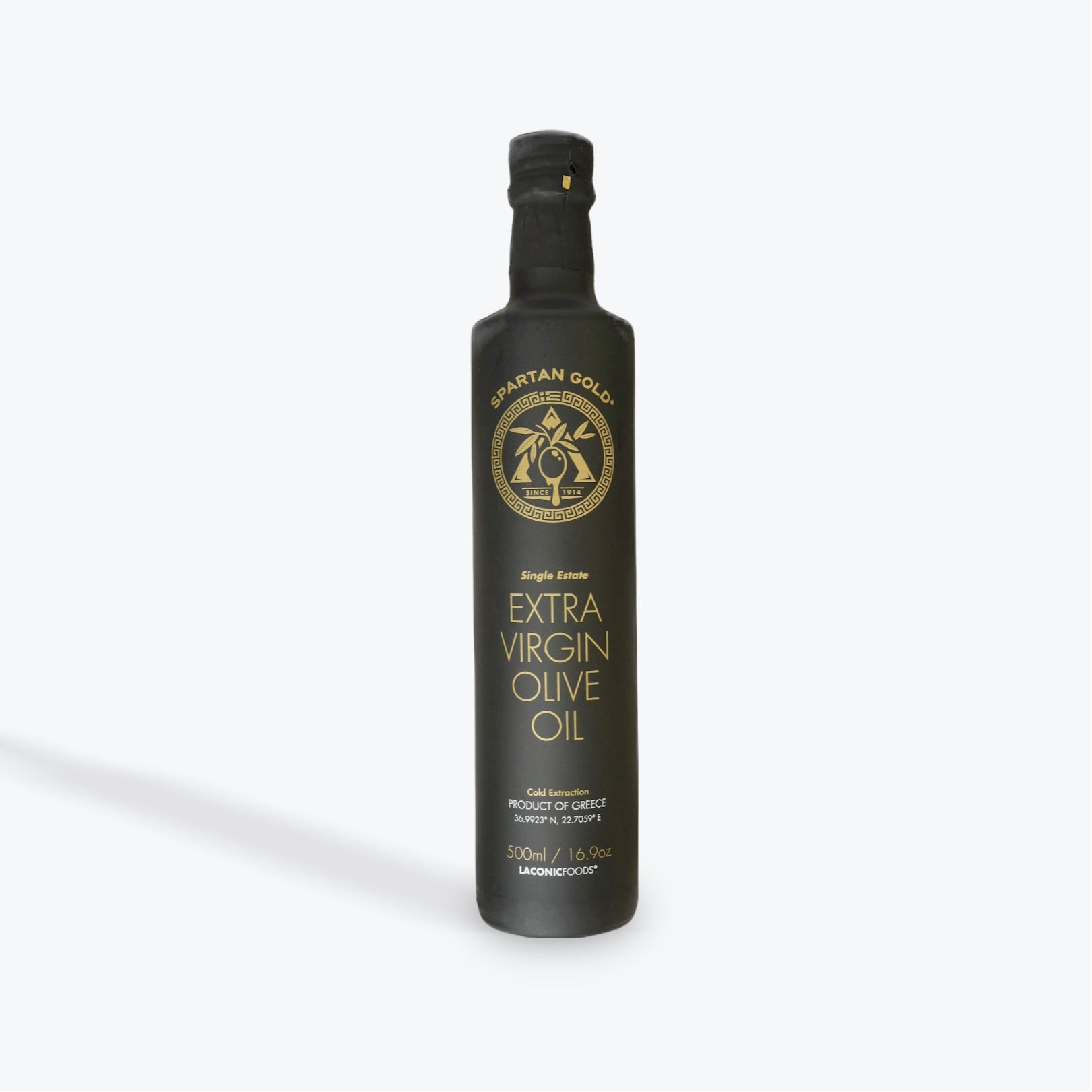 Front view of Laconic Foods 500ml Extra Virgin Olive Oil bottle – black matte finish with gold seal