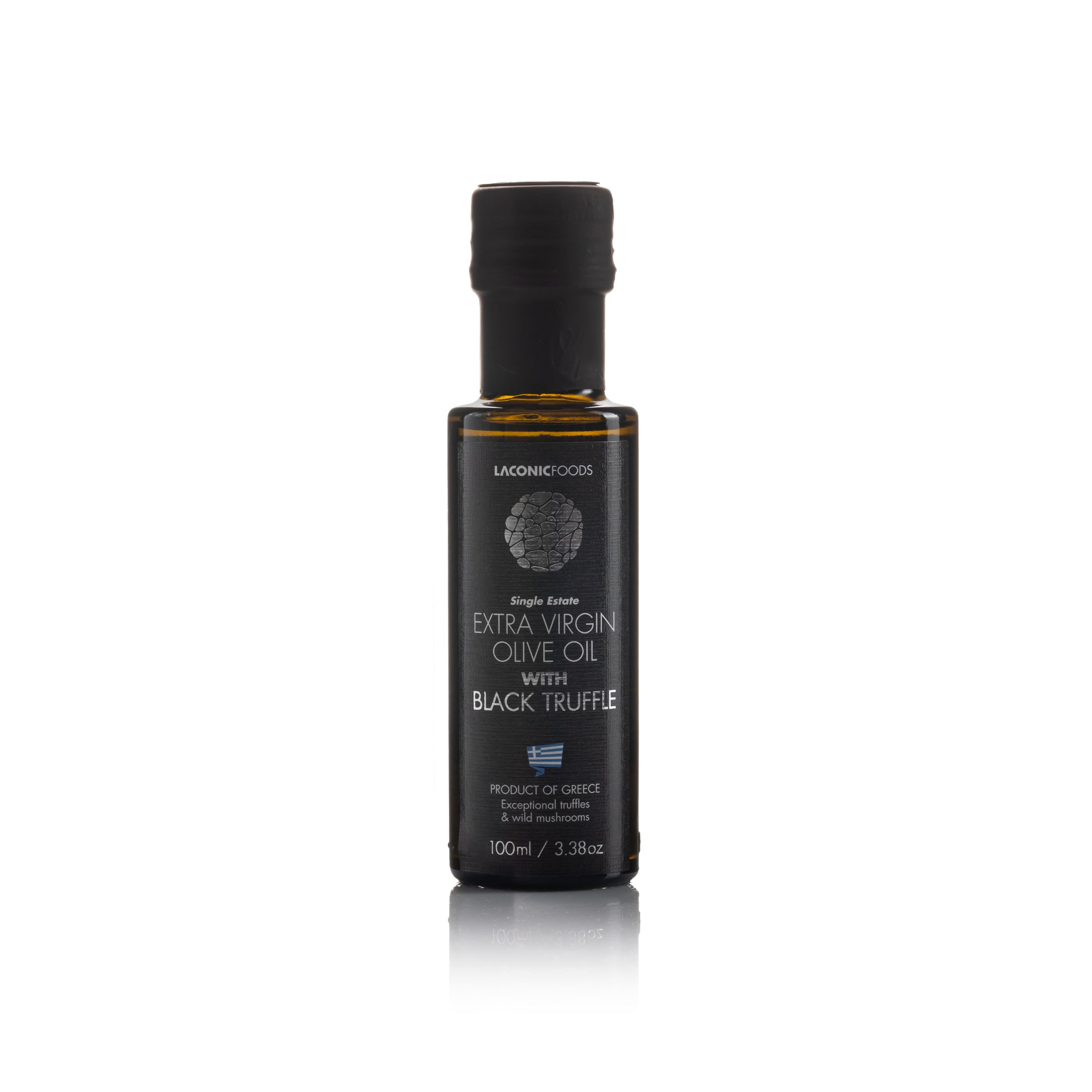 Laconic Foods Extra Virgin Olive Oil with Black Truffle 100ml bottle front view β single estate Greek olive oil infused with black truffle essence.