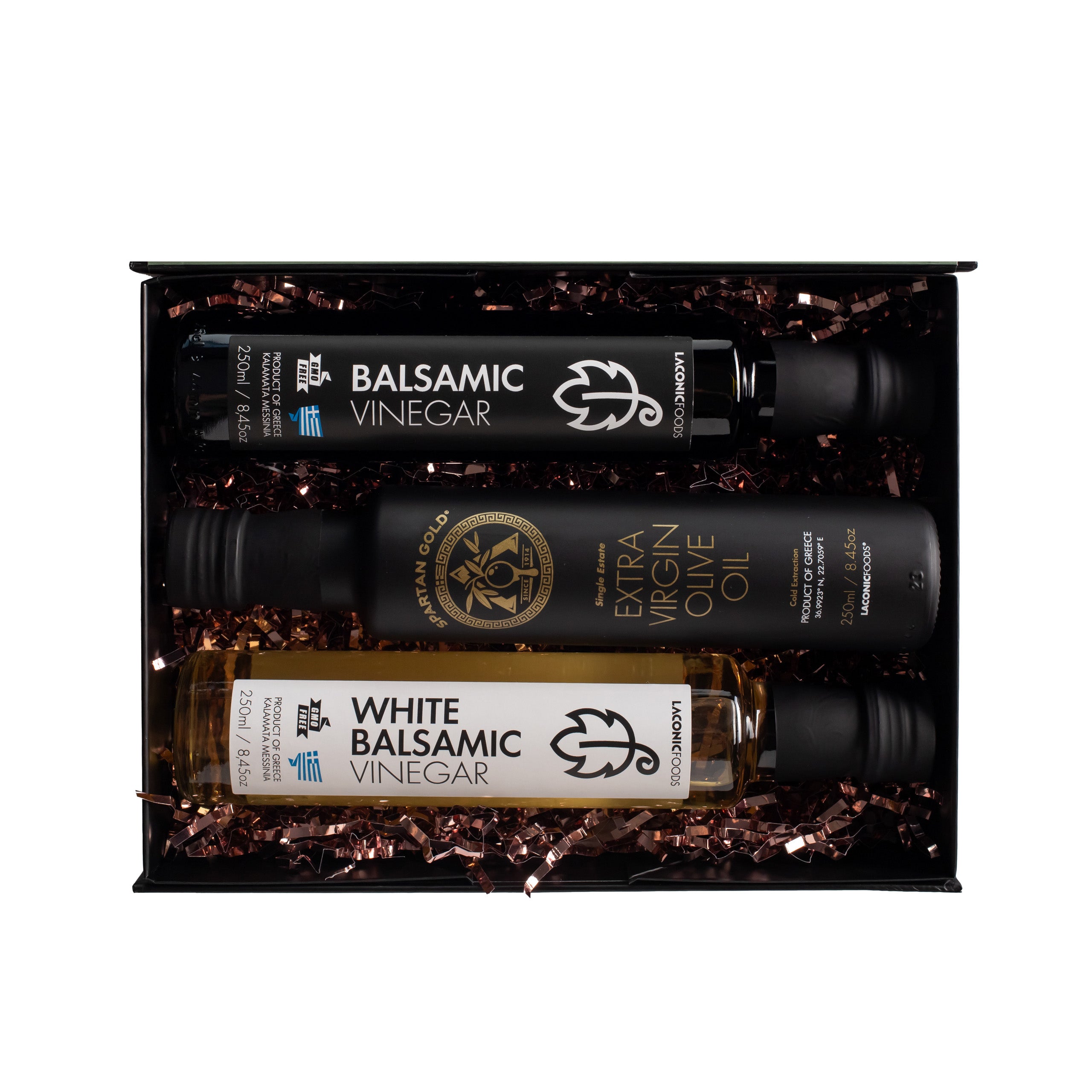 Premium Greek Olive Oil & Vinegar Gift Set with White Balsamic, Balsamic, and EVOO in black gift box