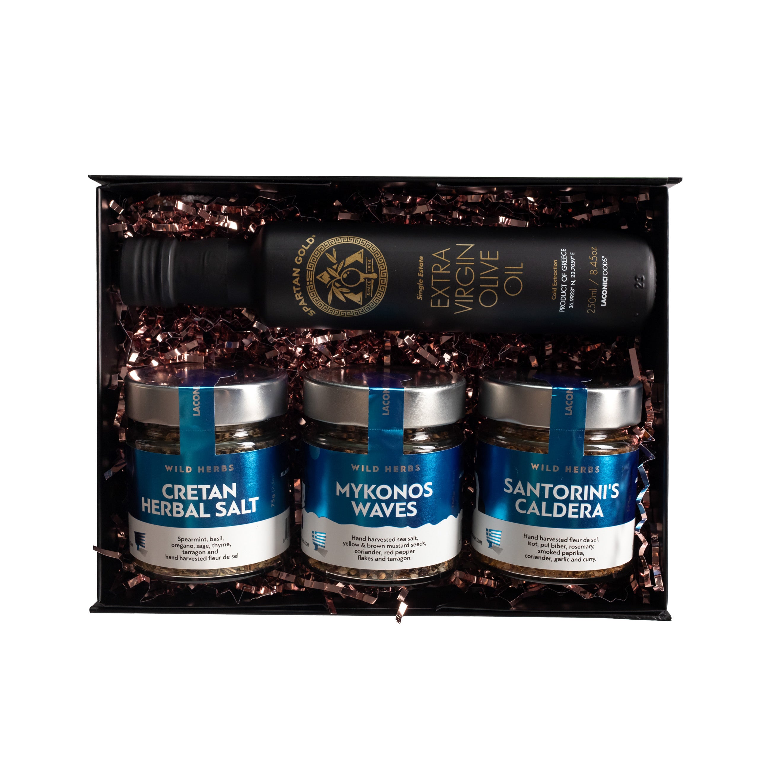 Laconic Foods Greek gift box featuring extra virgin olive oil and three herbal spice blends — Cretan Herbal Salt, Mykonos Waves, and Santorini’s Caldera.