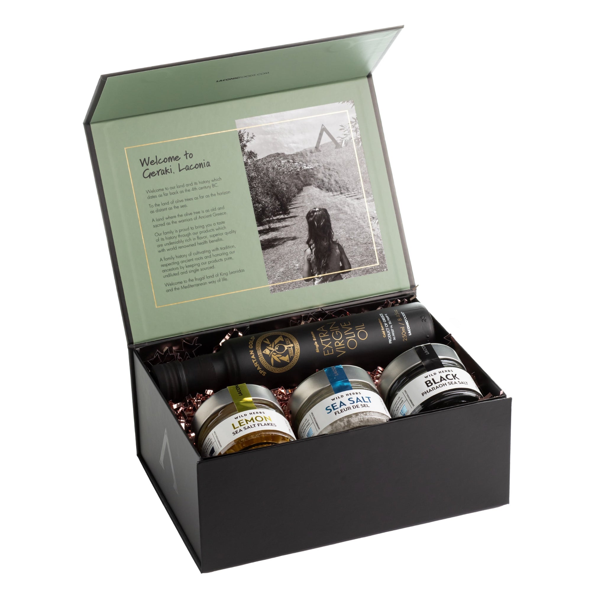 Premium Laconic Foods gift box with Greek extra virgin olive oil and three artisan sea salts – lemon, fleur de sel, and black sea salt, luxury packaging open view