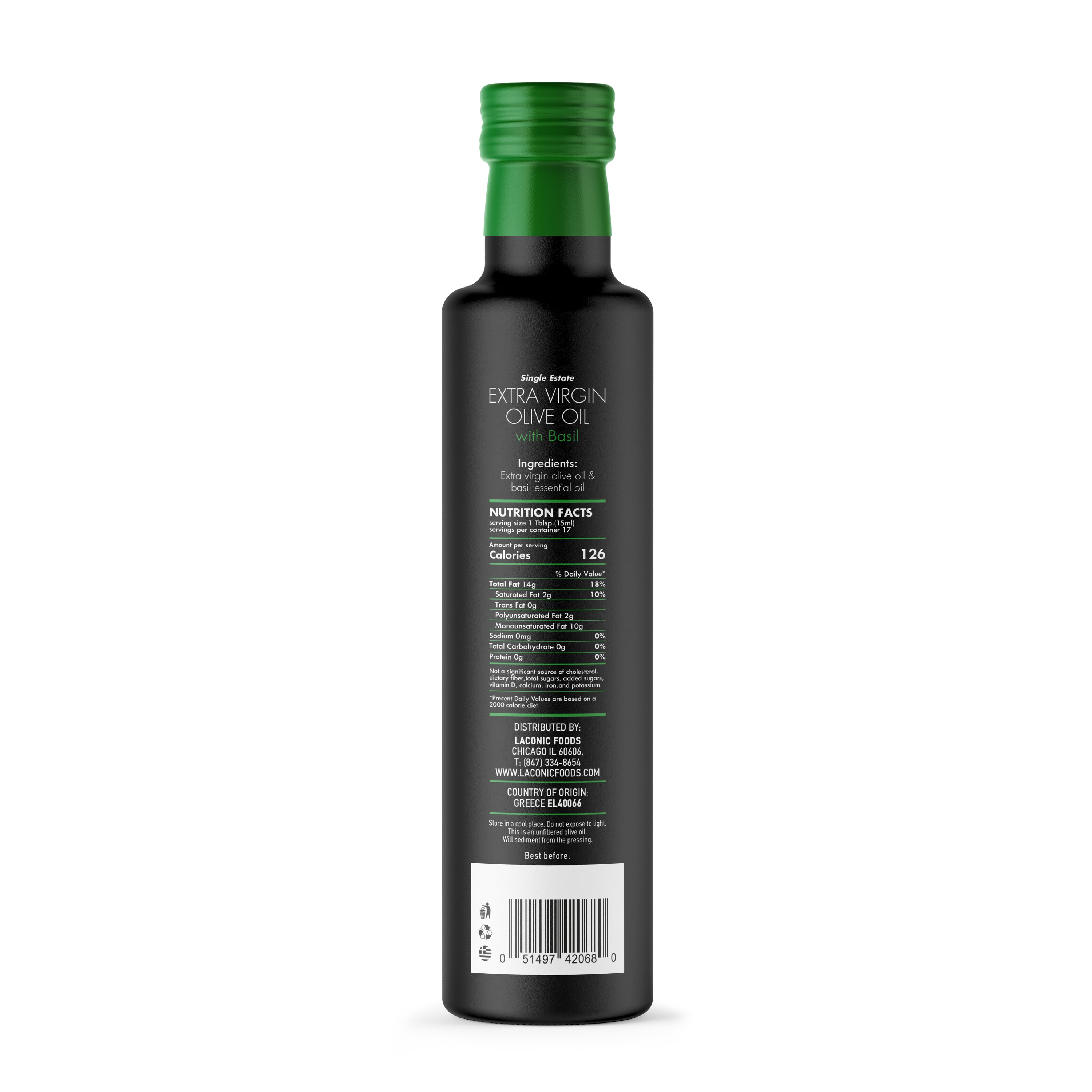 Back label of Laconic Foods Basil Infused Extra Virgin Olive Oil 250ml, showing ingredients and nutrition facts.