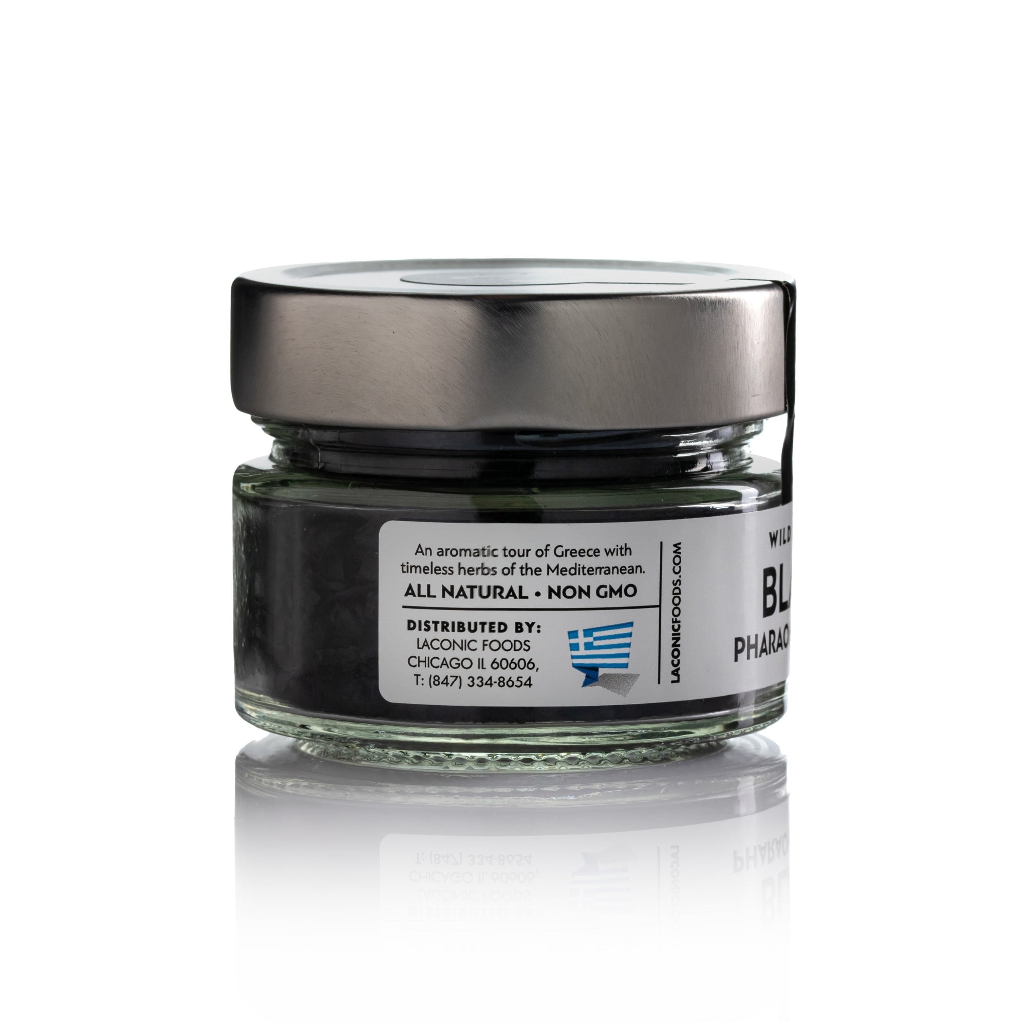 Back label of Laconic Foods Black Pharaoh Sea Salt – all natural, non-GMO, Greek gourmet seasoning