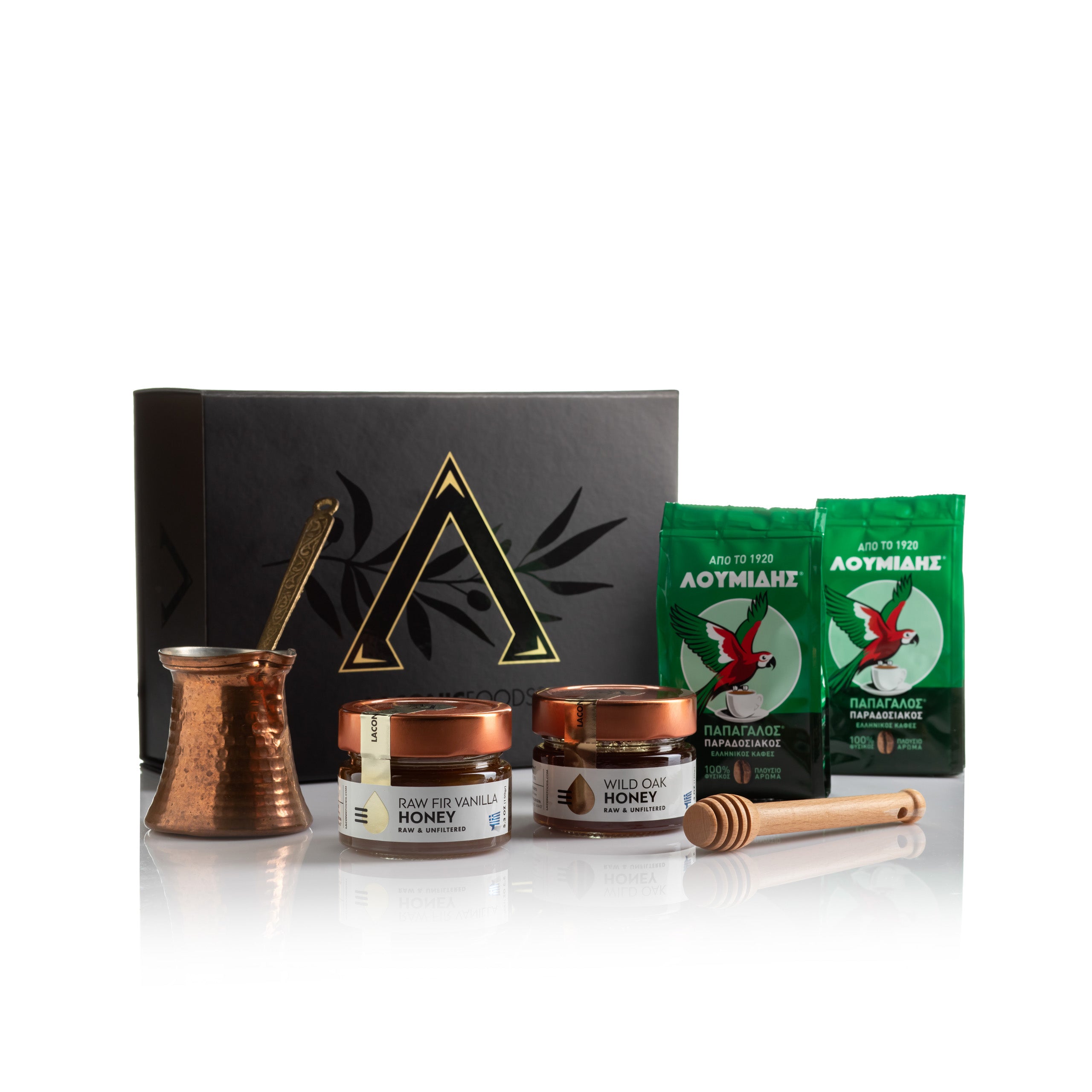 Premium Greek Coffee and Honey Gift Set with Loumidis coffee, raw Greek honey, copper briki, and honey dipper in luxury Laconic Foods gift box.