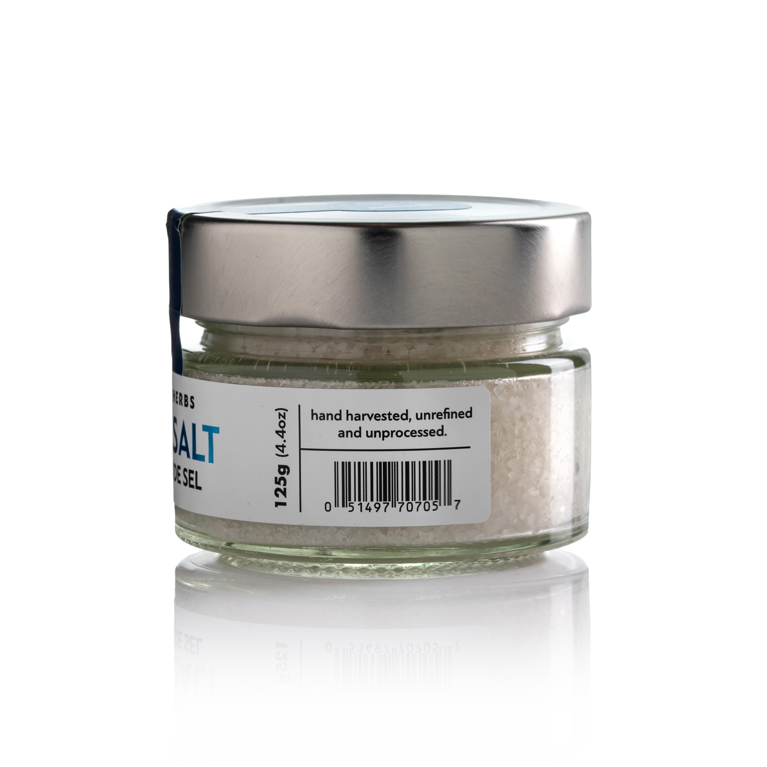 Side view of Laconic Foods Fleur de Sel Sea Salt 125g jar with ingredients and barcode