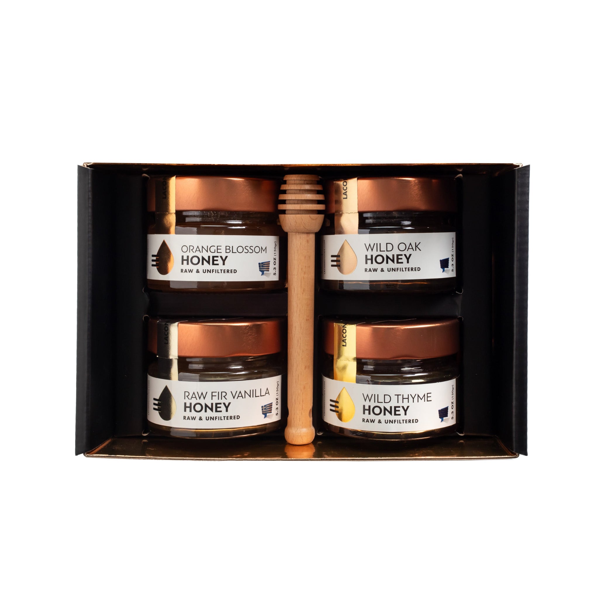 Laconic Foods Greek Honey 4-Pack Gift Box with Orange Blossom, Wild Oak, Raw Fir Vanilla, and Wild Thyme honey jars, including wooden dipper.