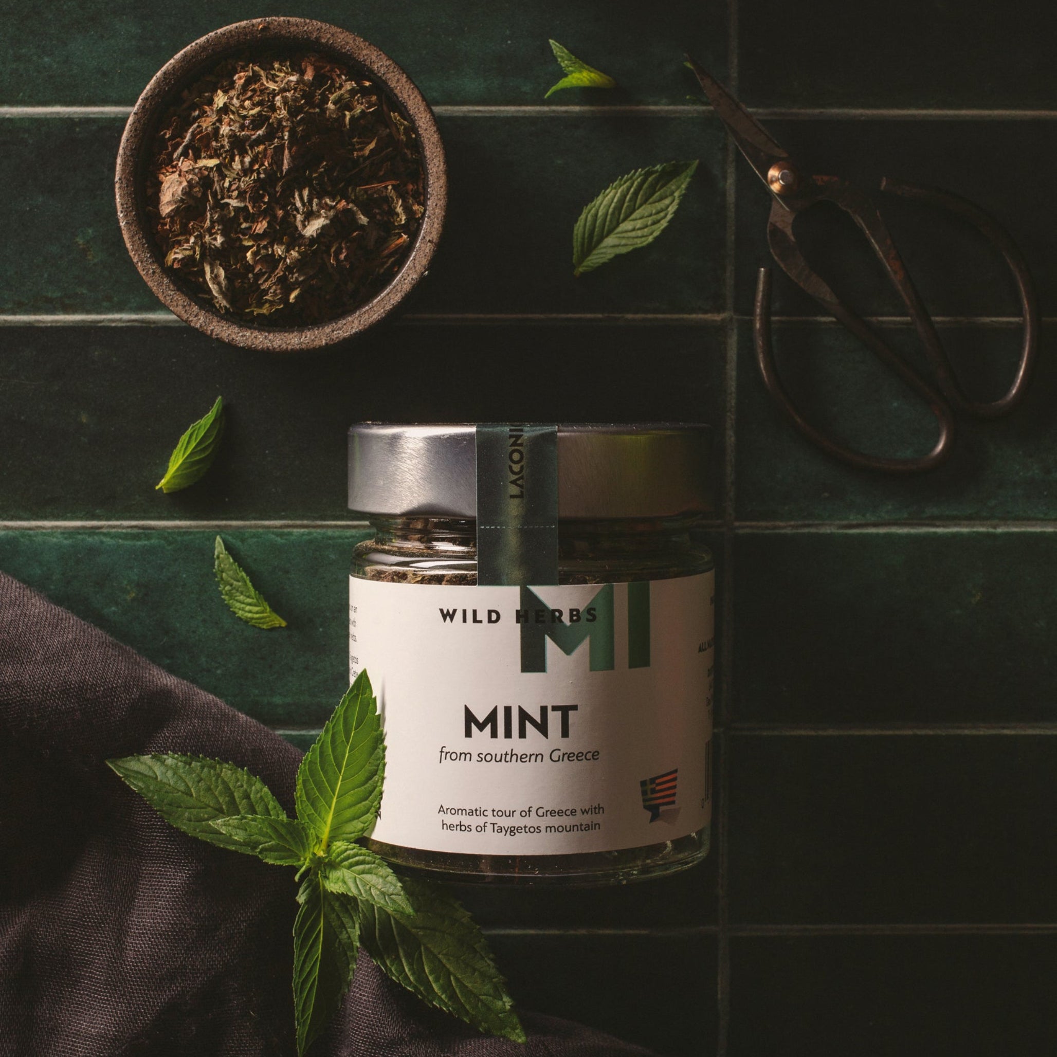 Laconic Foods Greek mint wild herbs in a glass jar with fresh mint leaves, dried mint, and herb scissors on green tile.