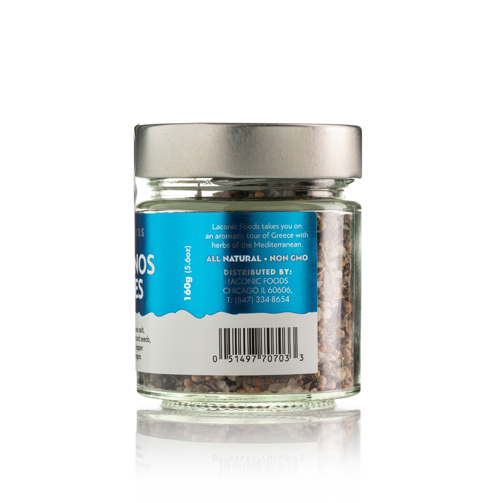 Back label of Laconic Foods Mykonos Waves Spice Blend – all natural, non-GMO Greek herb and sea salt mix