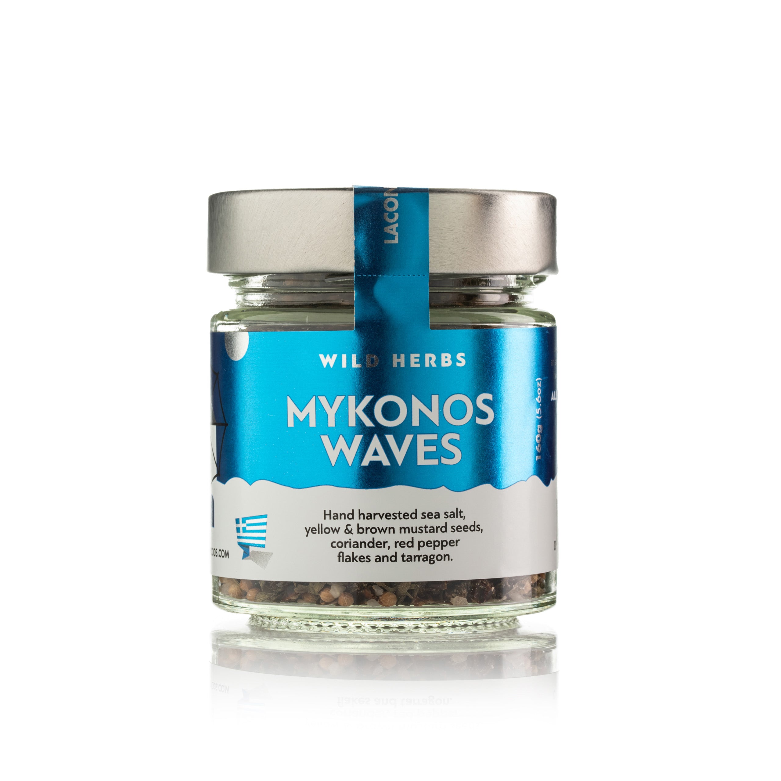 Laconic Foods Mykonos Waves Spice Blend 160g jar – Greek seasoning with sea salt, mustard seeds, coriander, red pepper flakes, and tarragon