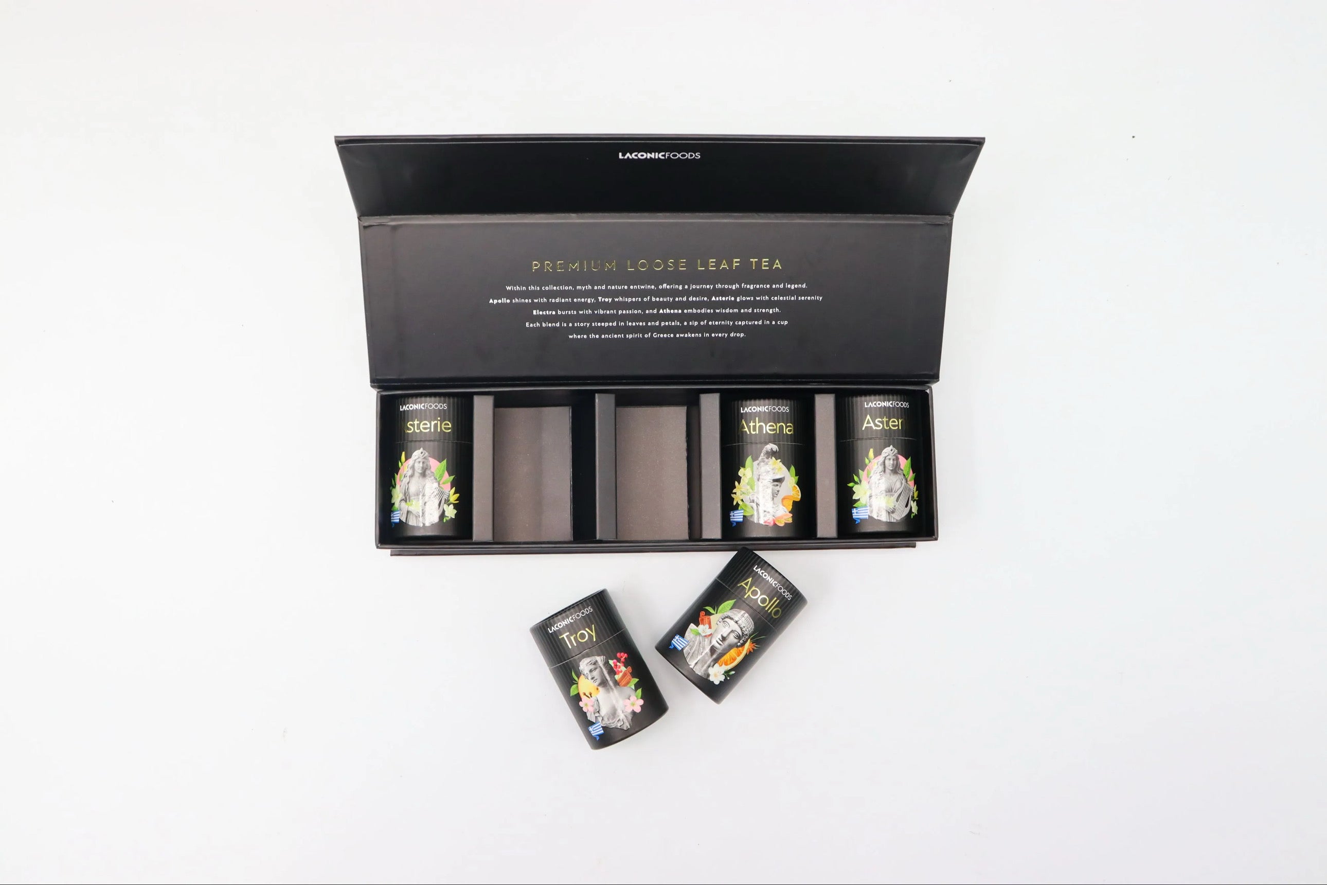 Laconic Foods Greek Tea Gift Set – open magnetic box showing five loose leaf tea canisters