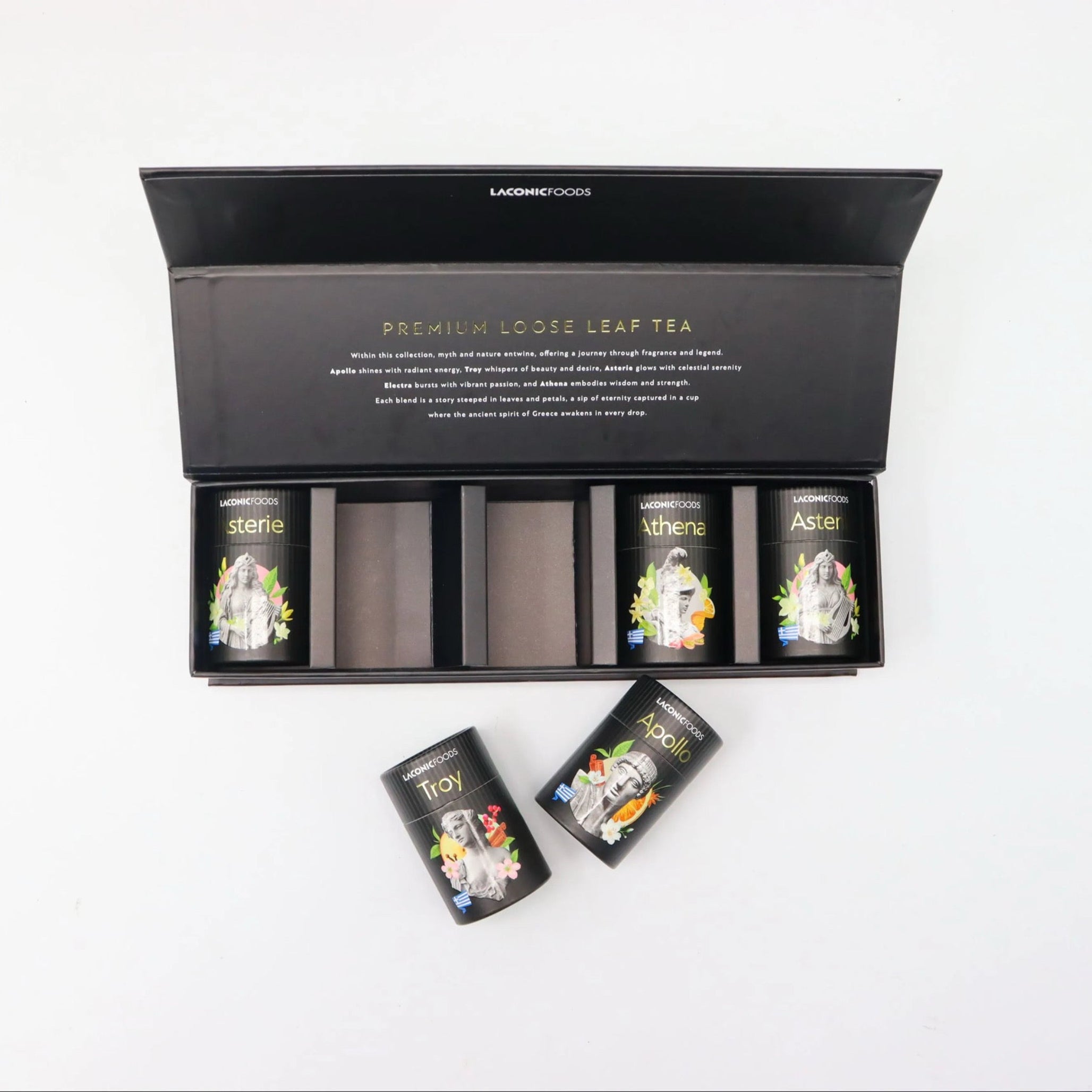 Laconic Foods Greek Tea Gift Set – open magnetic box showing five loose leaf tea canisters