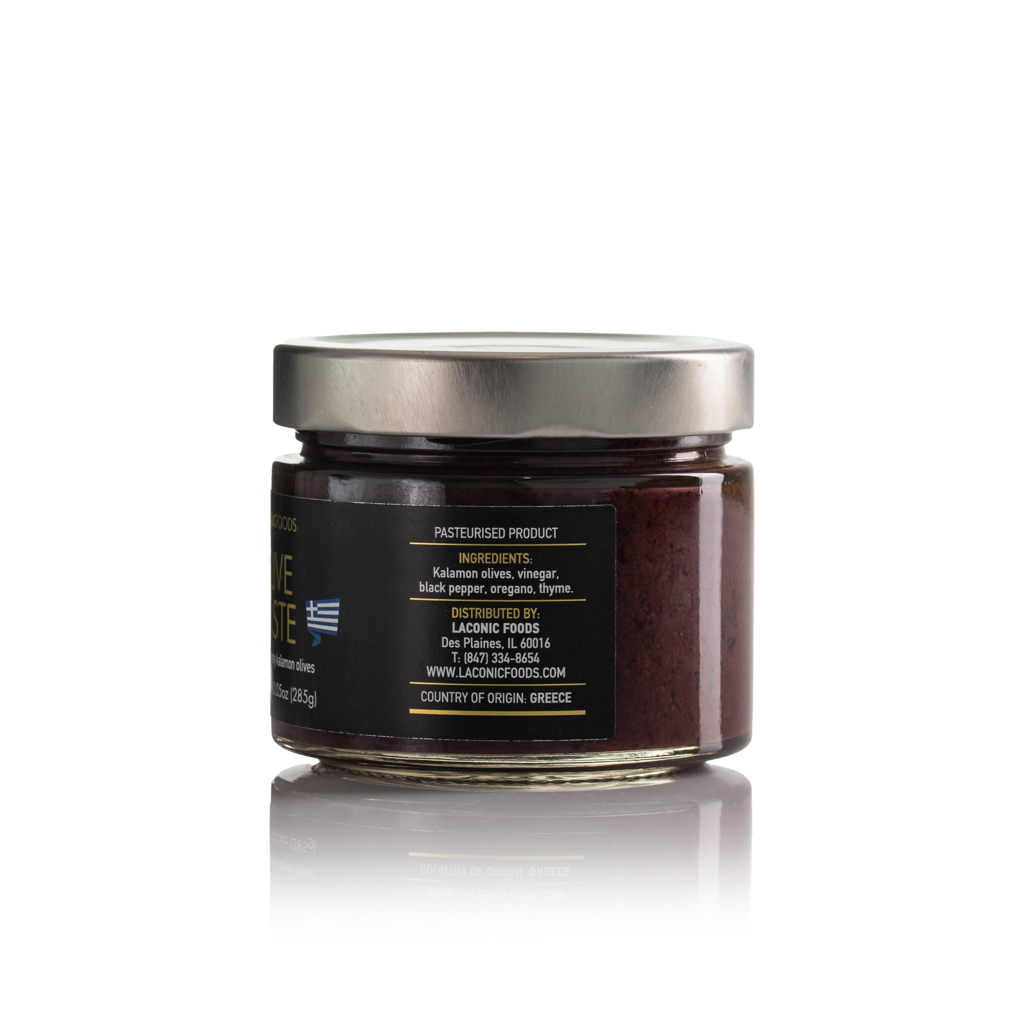 Side label of Laconic Foods Kalamon Olive Paste showing ingredients and country of origin Greece