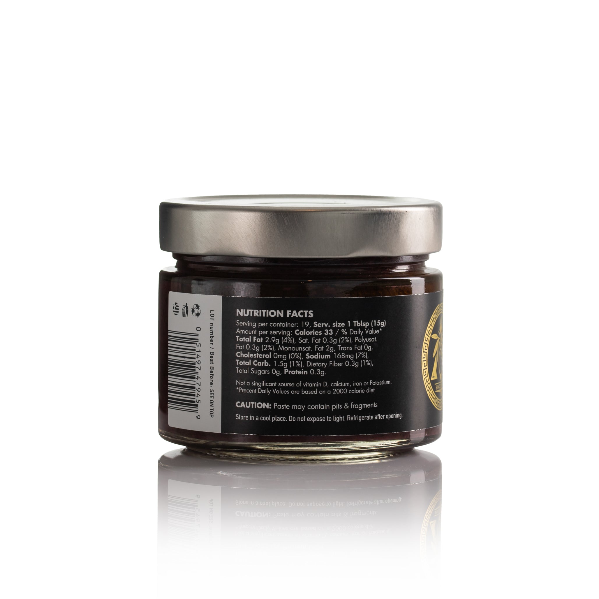 Back label of Laconic Foods Kalamon Olive Paste showing nutrition facts and barcode