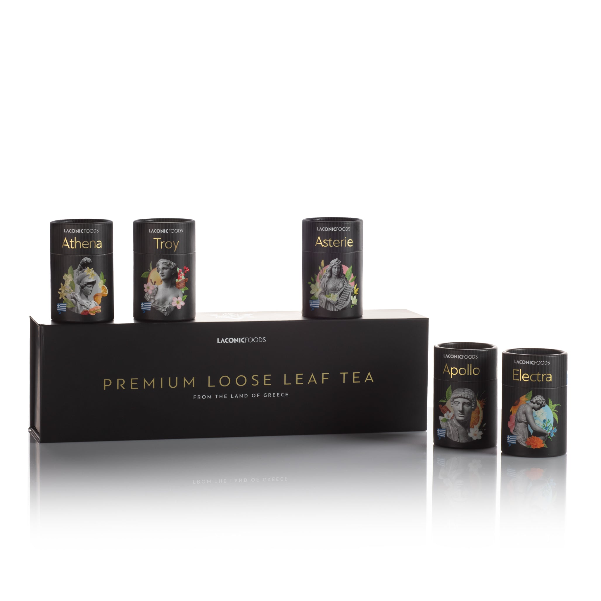 Laconic Foods mini loose leaf tea tins featuring Apollo, Athena, Troy, Asterie, and Electra displayed with a premium gift box