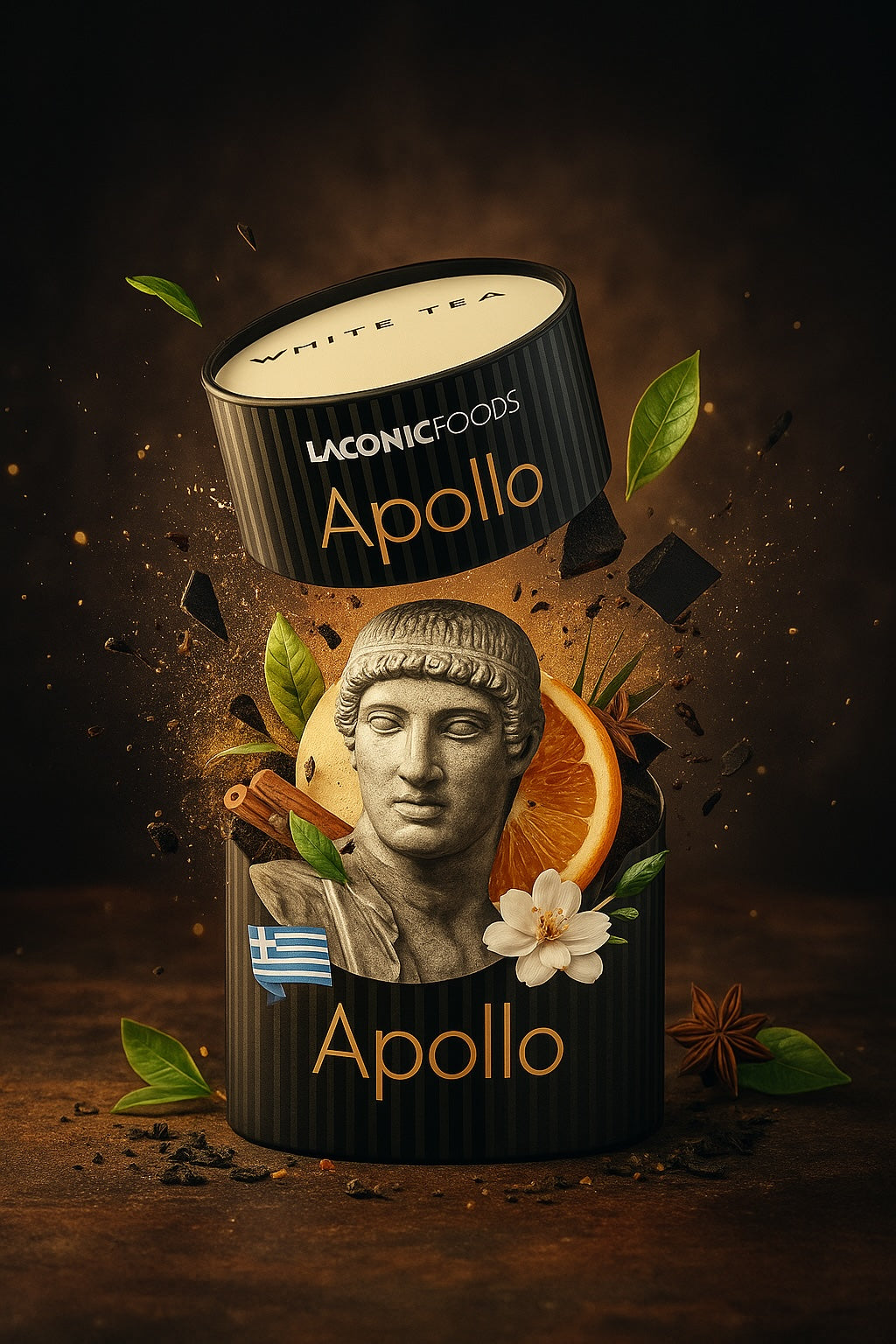 Laconic Foods Apollo White Tea canister with Greek-inspired design surrounded by orange slices, cinnamon, and jasmine – premium Greek white tea artistic hero image.