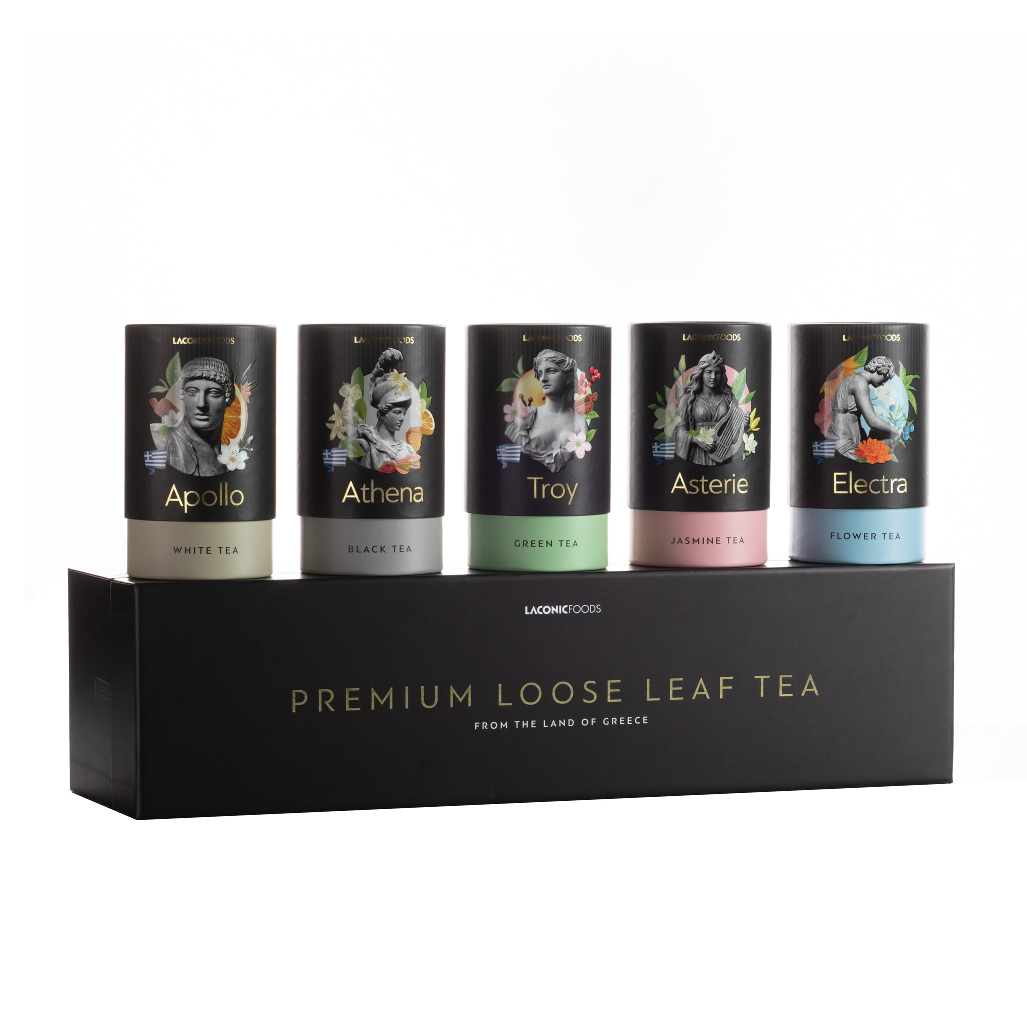 Premium loose leaf tea tins by Laconic Foods featuring Apollo, Athena, Troy, Asterie, and Electra teas displayed in a luxury gift box