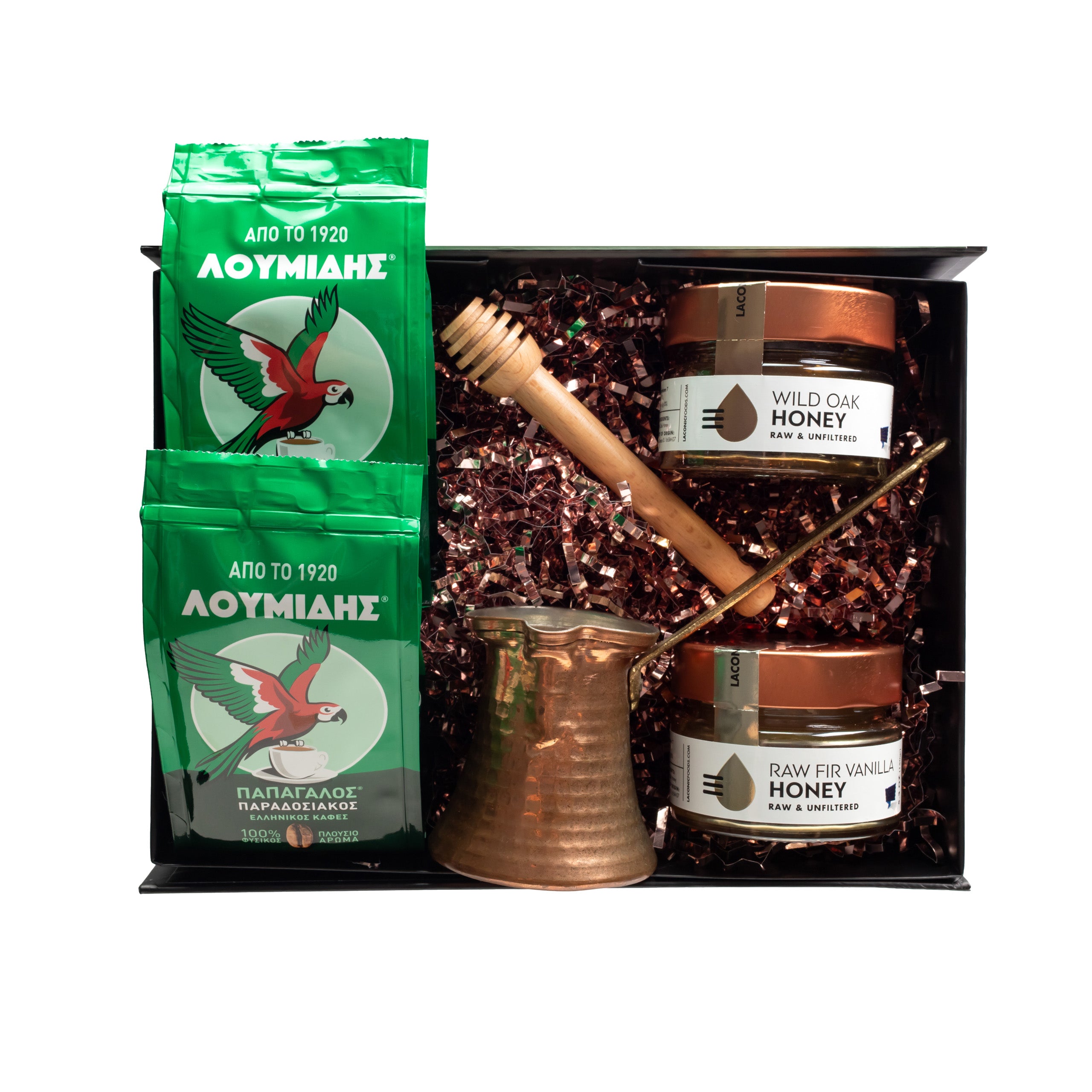 Traditional Greek Coffee and Honey Gift Box top view with Loumidis coffee, raw Greek honey, copper briki, and honey dipper in black gift box.
