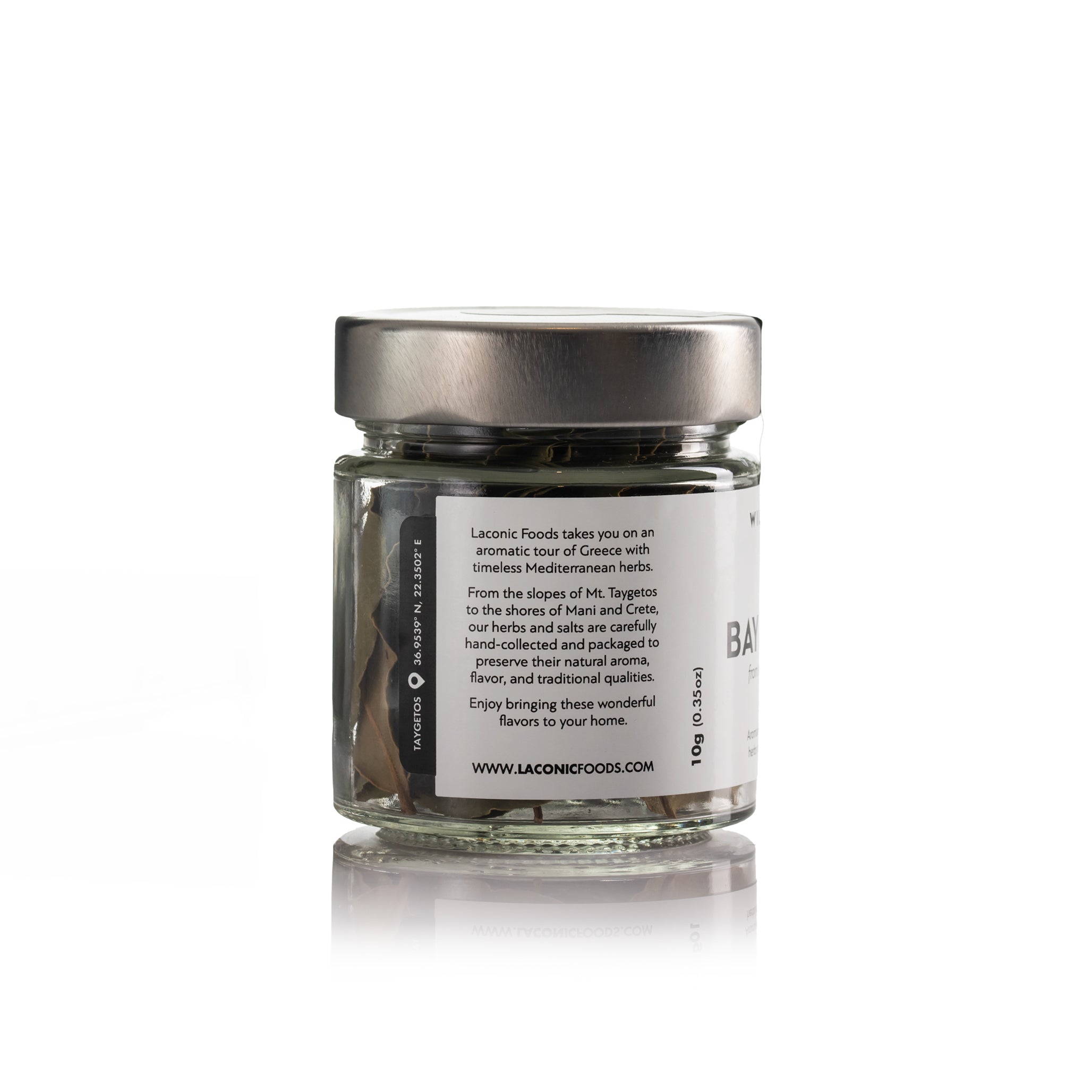 Side label of Laconic Foods Wild Greek Bay Leaves jar with Taygetos origin story and 10g size