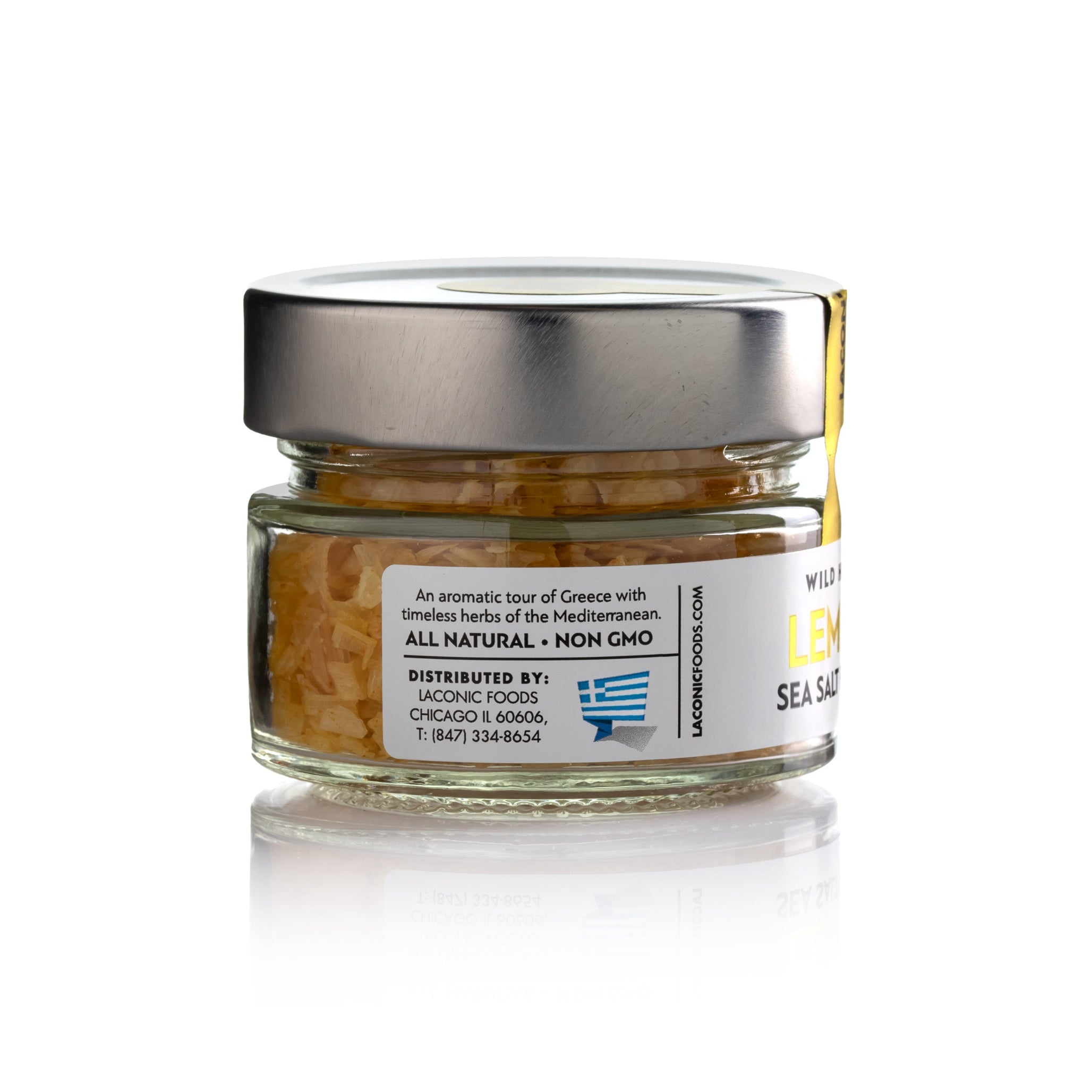 Back label of Laconic Foods Lemon Sea Salt Flakes – all natural, non-GMO Greek gourmet seasoning
