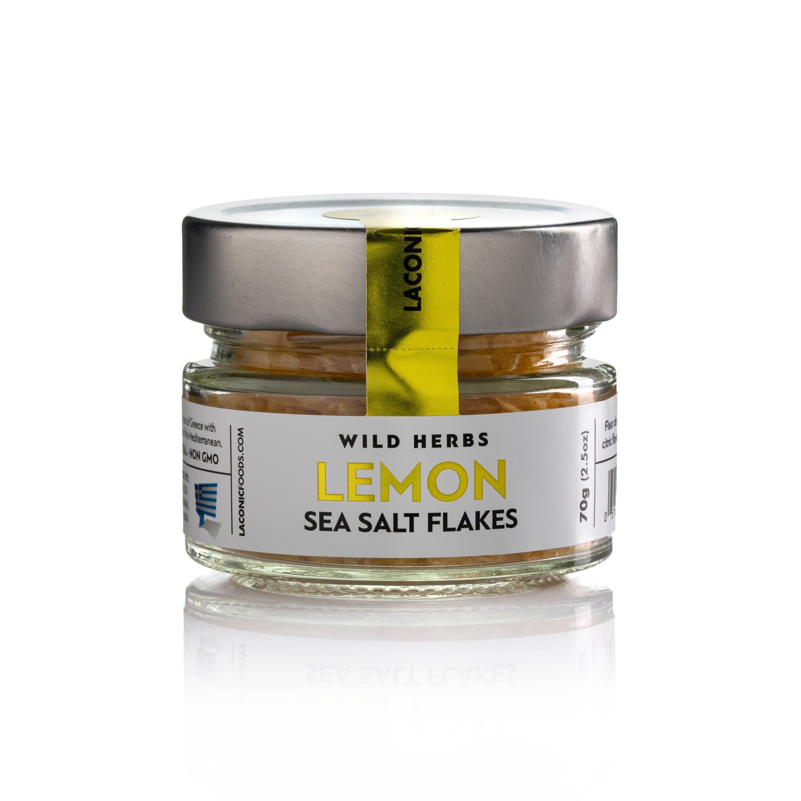 Laconic Foods Greek Lemon Sea Salt Flakes 70g jar – gourmet fleur de sel with turmeric and citrus flavor