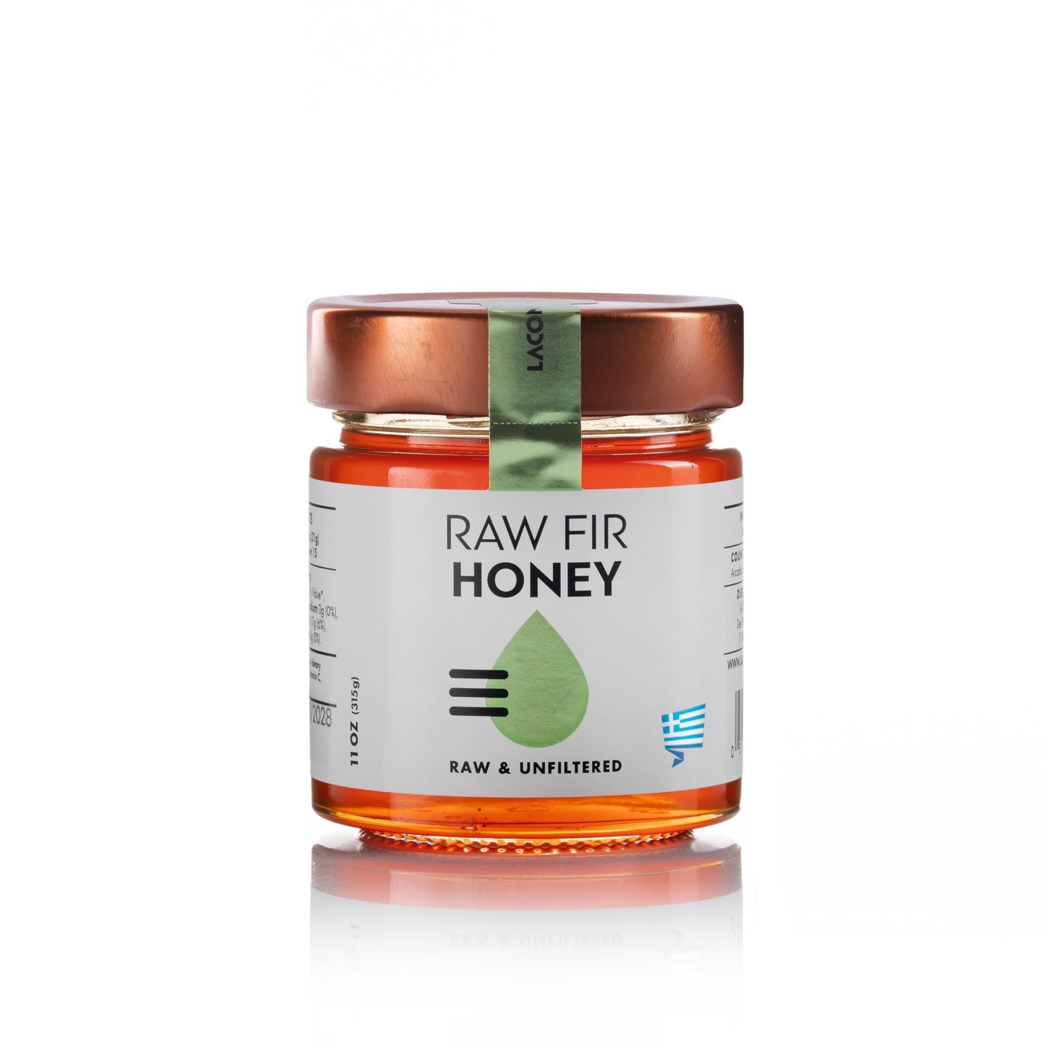 Laconic Foods Raw Fir Honey jar – front label view, raw and unfiltered Greek fir honey.
