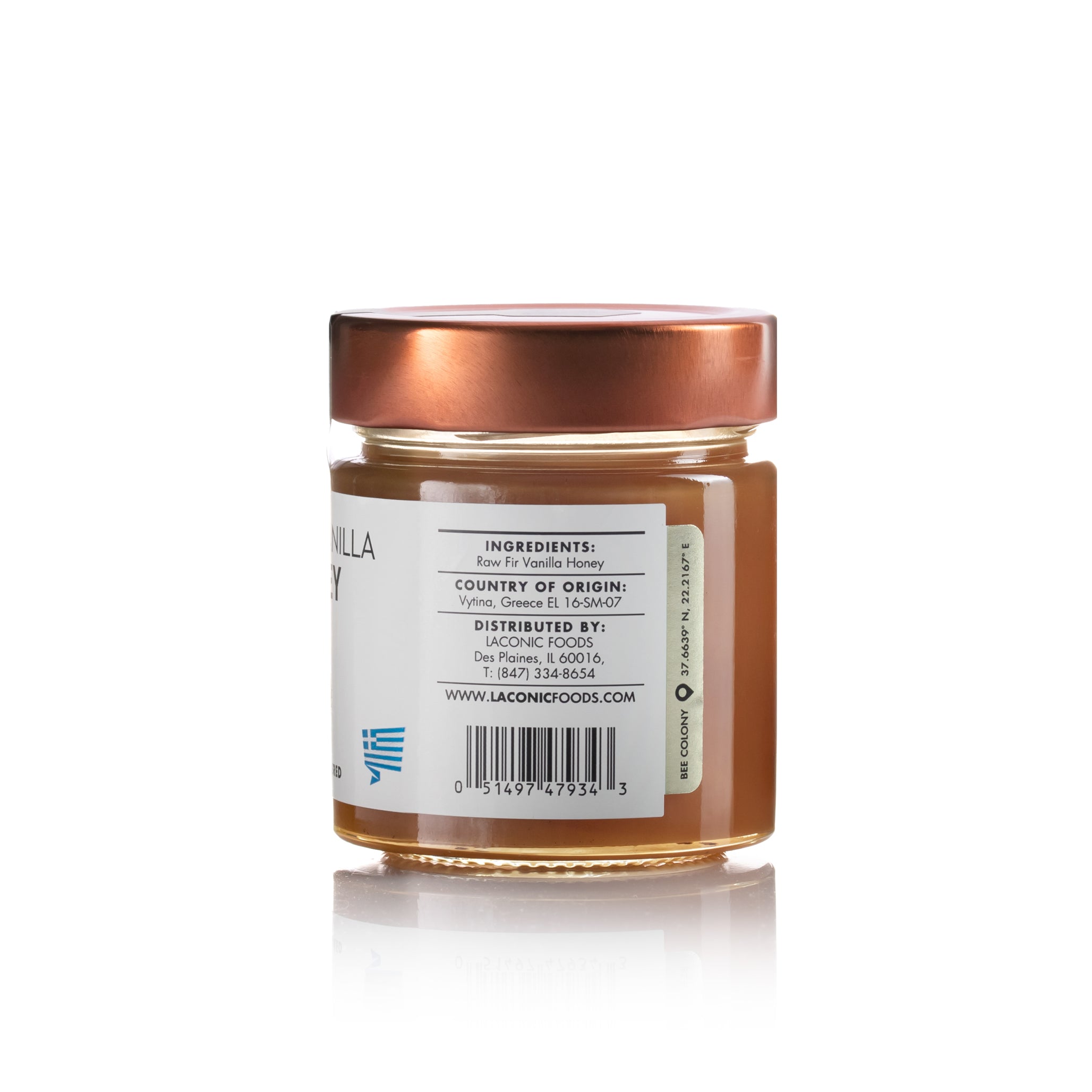 Back view of Laconic Foods Raw Fir Vanilla Honey jar showing ingredients, origin from Vytina Greece, and distributor details.