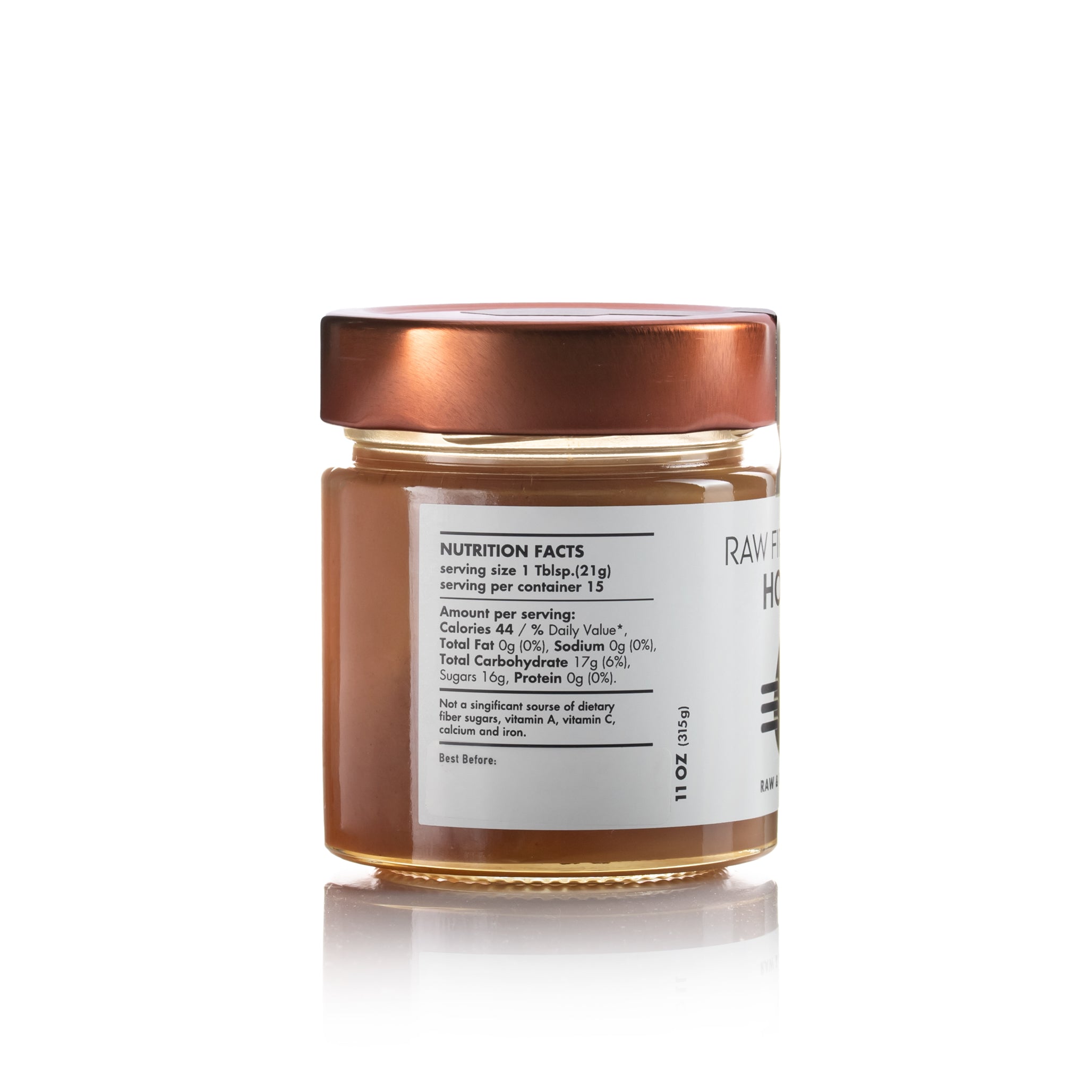 Side view of Laconic Foods Raw Fir Vanilla Honey jar showing nutrition facts panel.