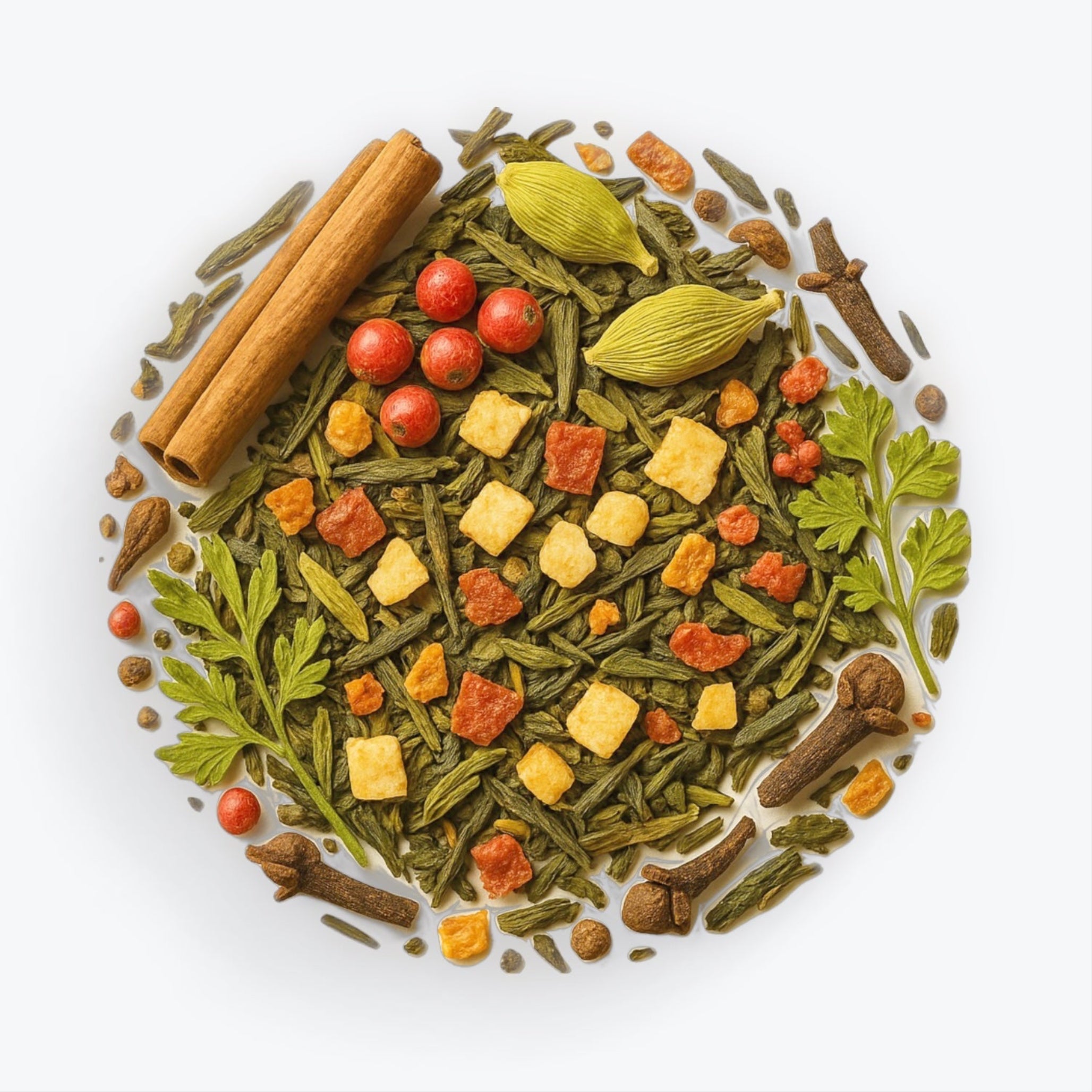 Overhead view of Troy green tea blend with cinnamon sticks, pomegranate pieces, cardamom pods, apple bits, clove, and pink pepper.