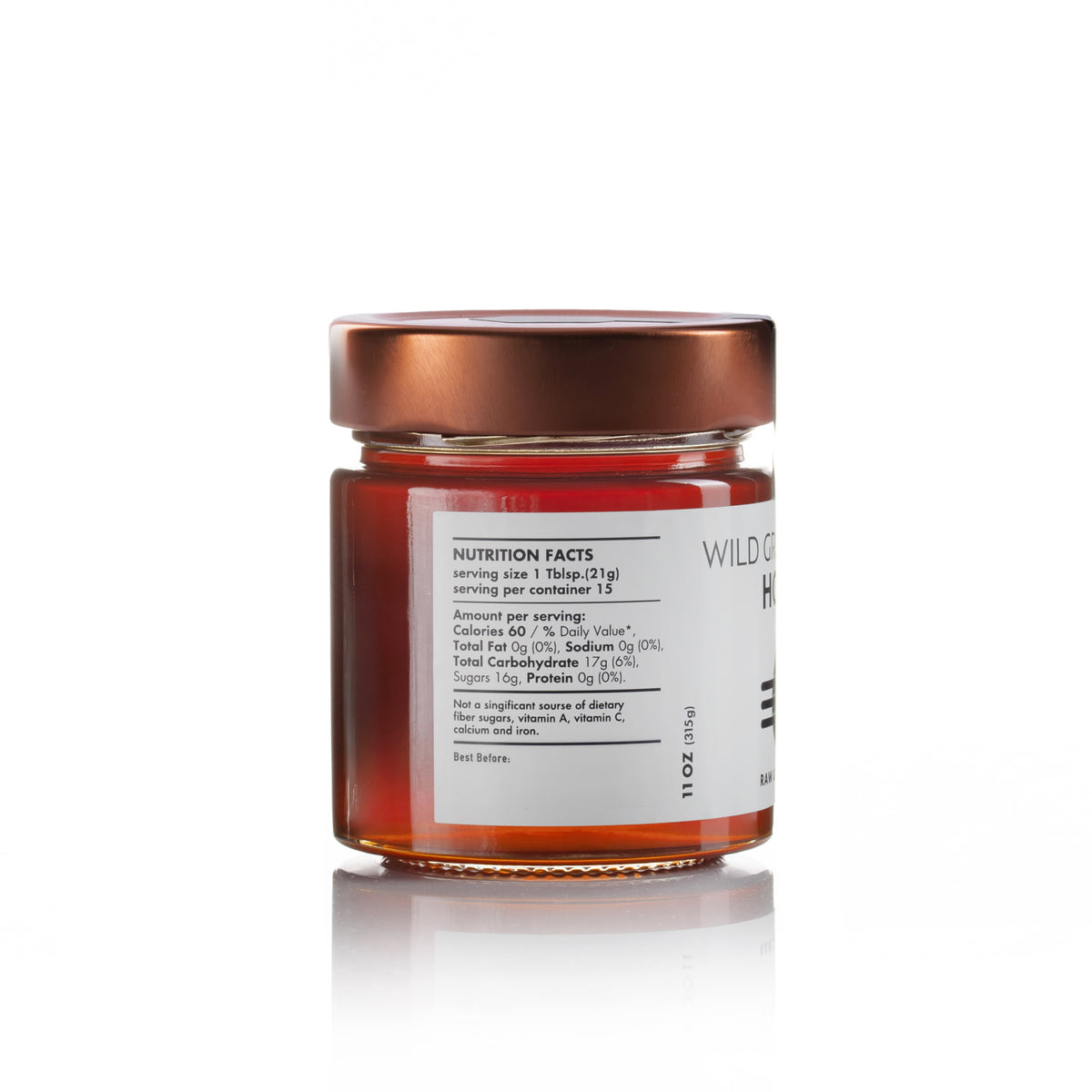 Back view of Laconic Foods Wild Greek Forest Honey jar showing ingredients, origin from Arcadia Greece, and distributor information.